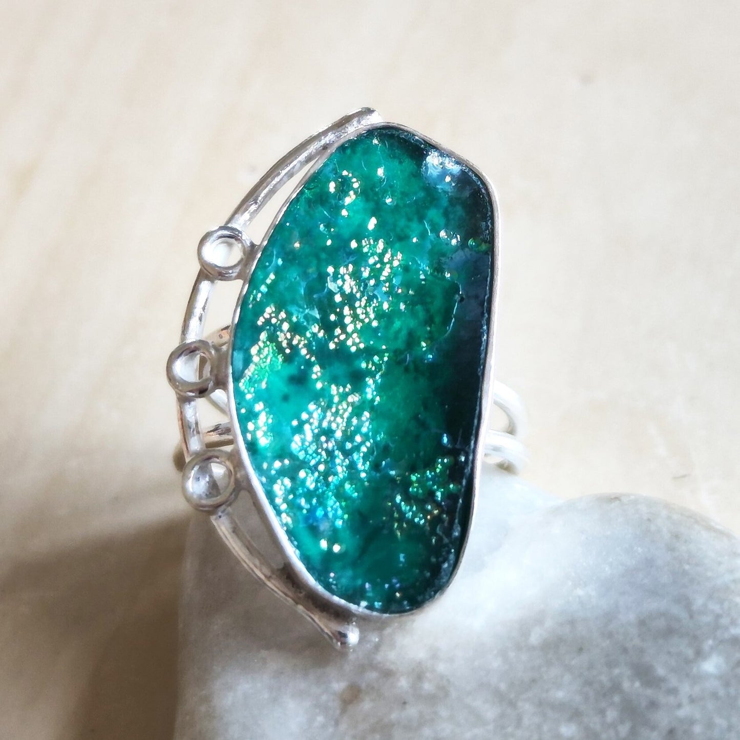 Antique Roman Glass Solitaire Ring, Natural Roman Glass adjustable silver ring, Aqua Green Blue patina Glass ring, Large Statement ring