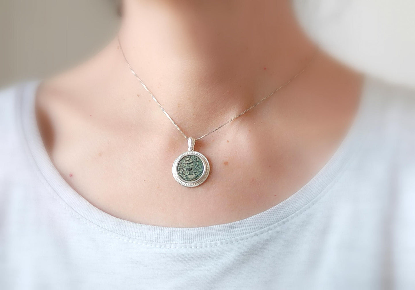 First Jewish war bronze Prutah necklace, Ancient Masada Revolt Coin Silver pendant, Jerusalem second temple coin, roman amphora medallion