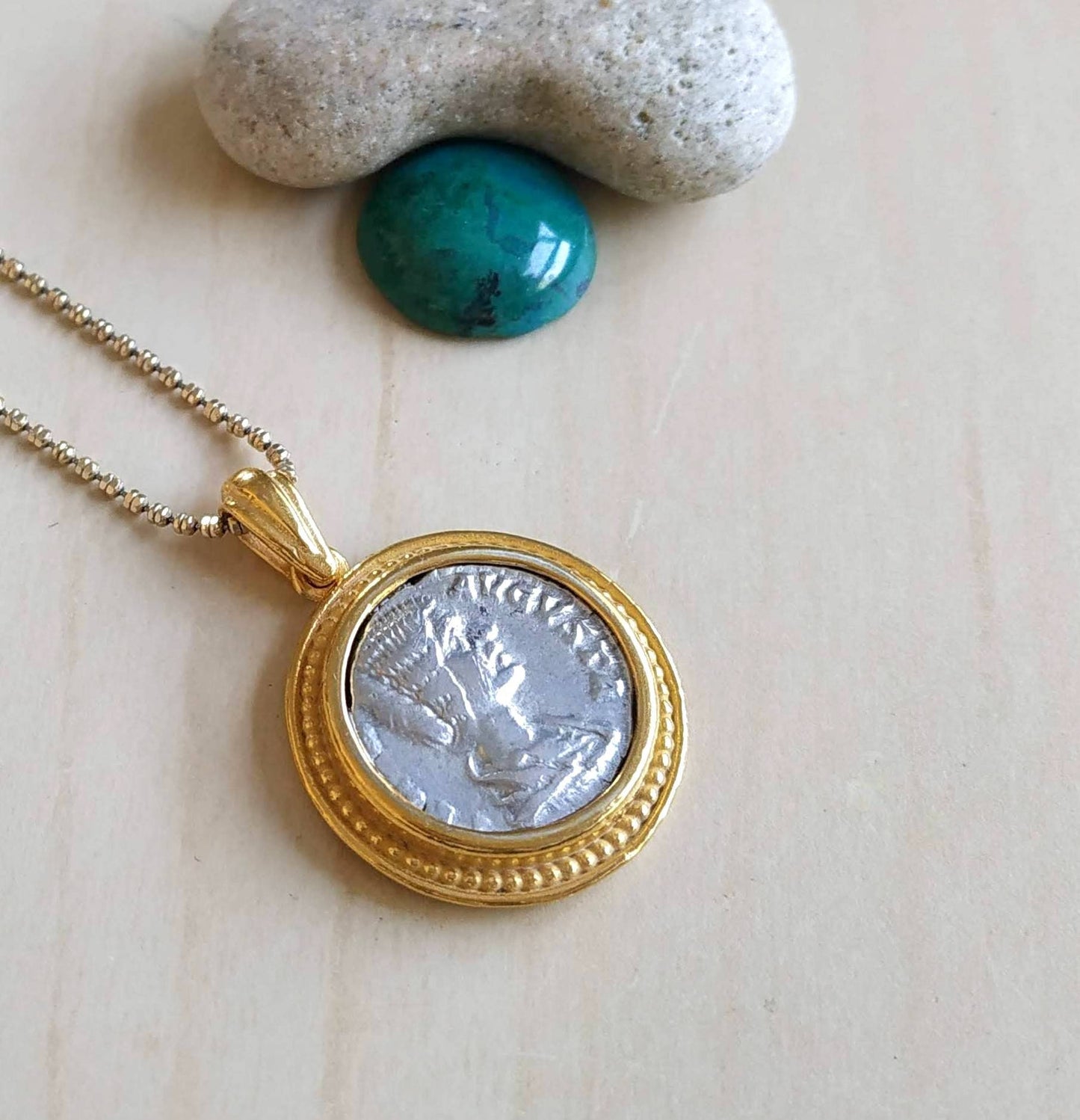 Silver Coin Necklace, Ancient Empress Julia Domna Coin Gold Plated Medallion, Women of the Roman empire Pendant, vintage style Gift for Her