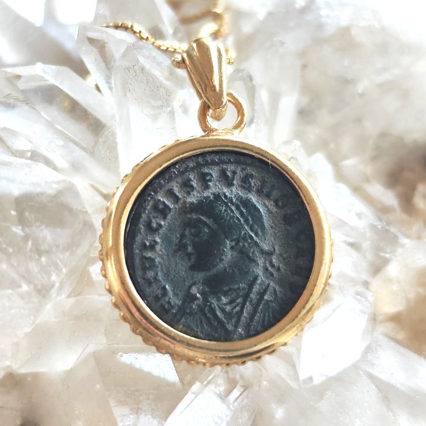 Certified Antique Roman Emperor Crispus Coin Necklace, Genuine Ancient Coin Gold Plated medallion, Women Coin Jewelry, Vintage Coin Pendant