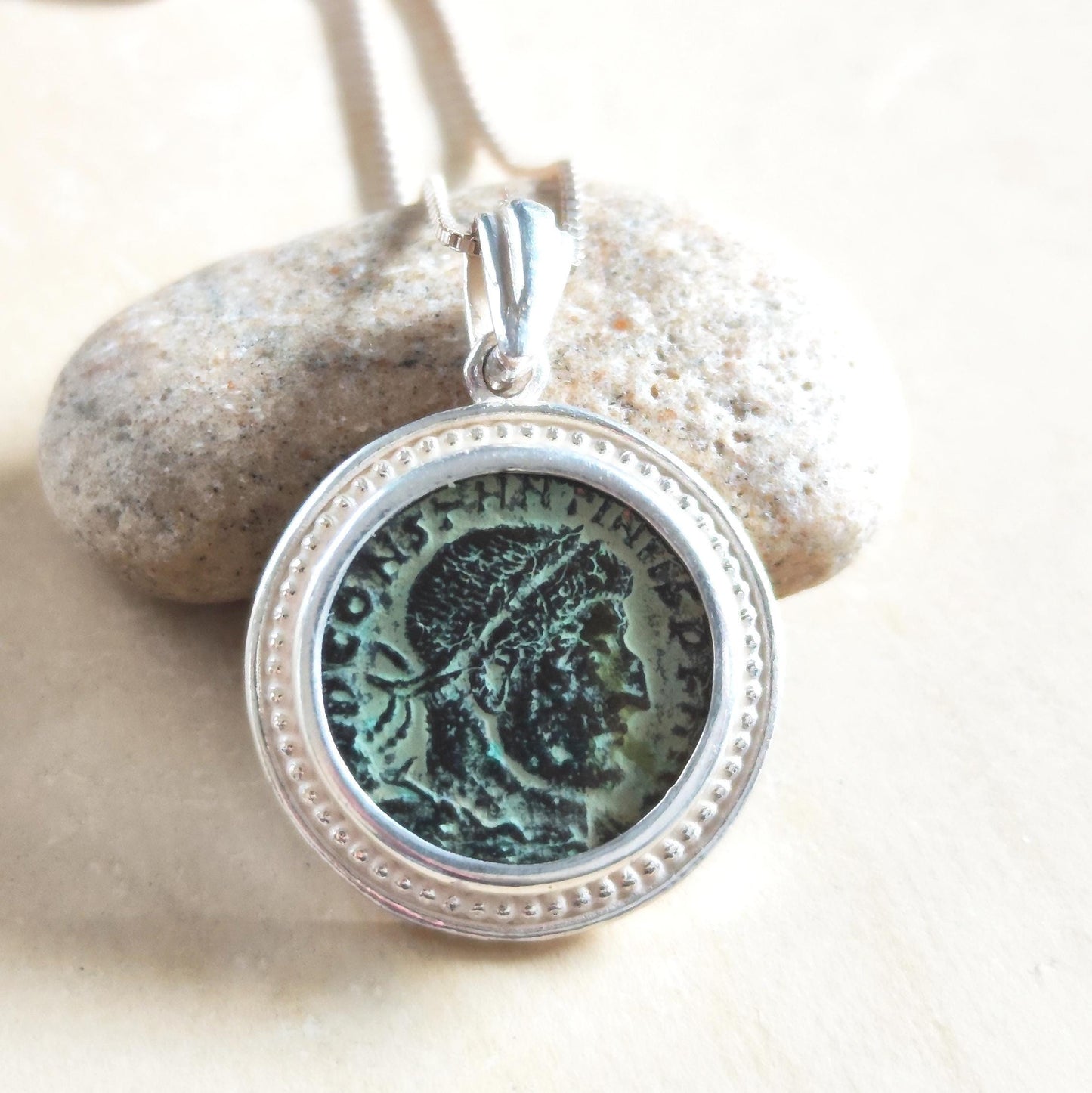 Roman Constantine the Great coin silver necklace, real ancient certified bronze coin pendant, men unisex gift idea, Antique vintage jewelry