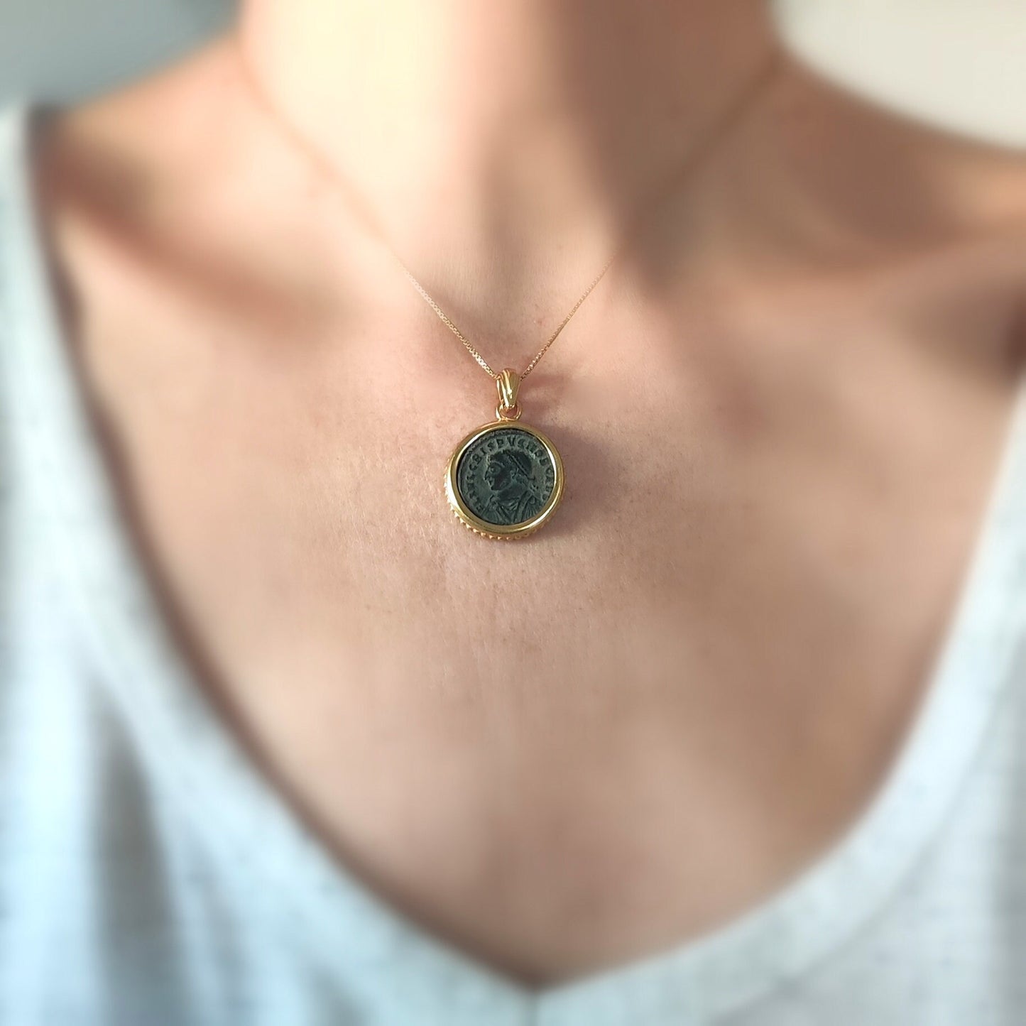 Certified Antique Roman Emperor Crispus Coin Necklace, Genuine Ancient Coin Gold Plated medallion, Women Coin Jewelry, Vintage Coin Pendant