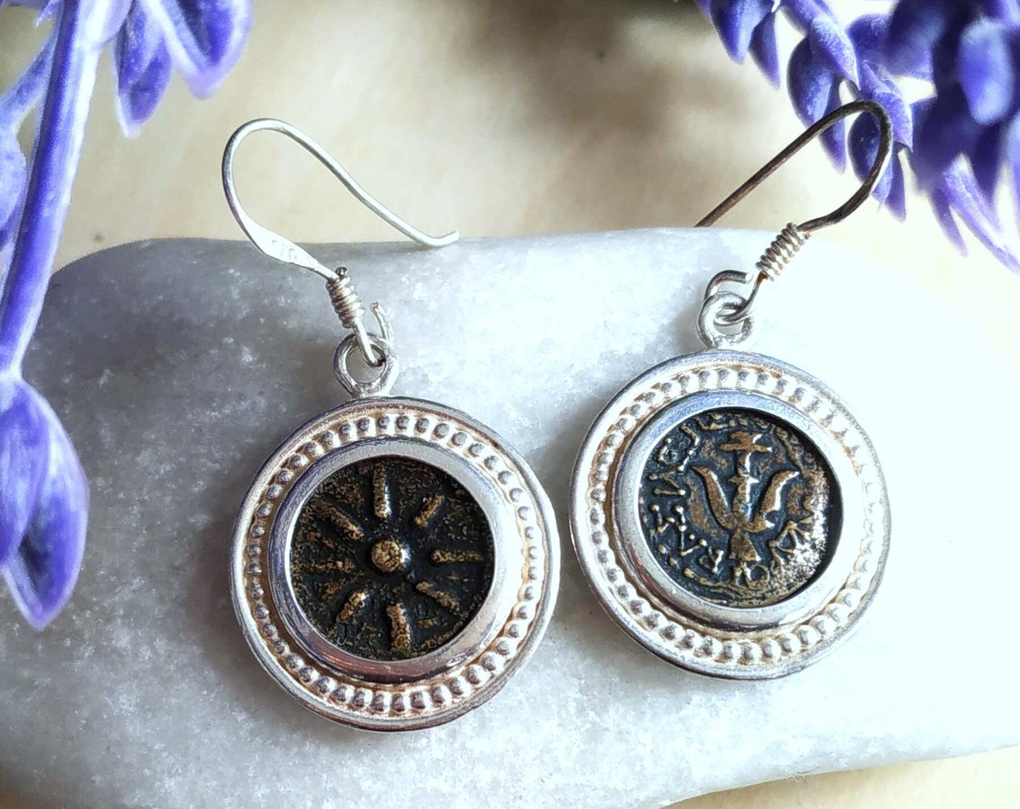 widow's mite coin silver earrings, ancient replica coin dangle earrings, christian gift idea, judean roman jewelry, bible verse jesus charm