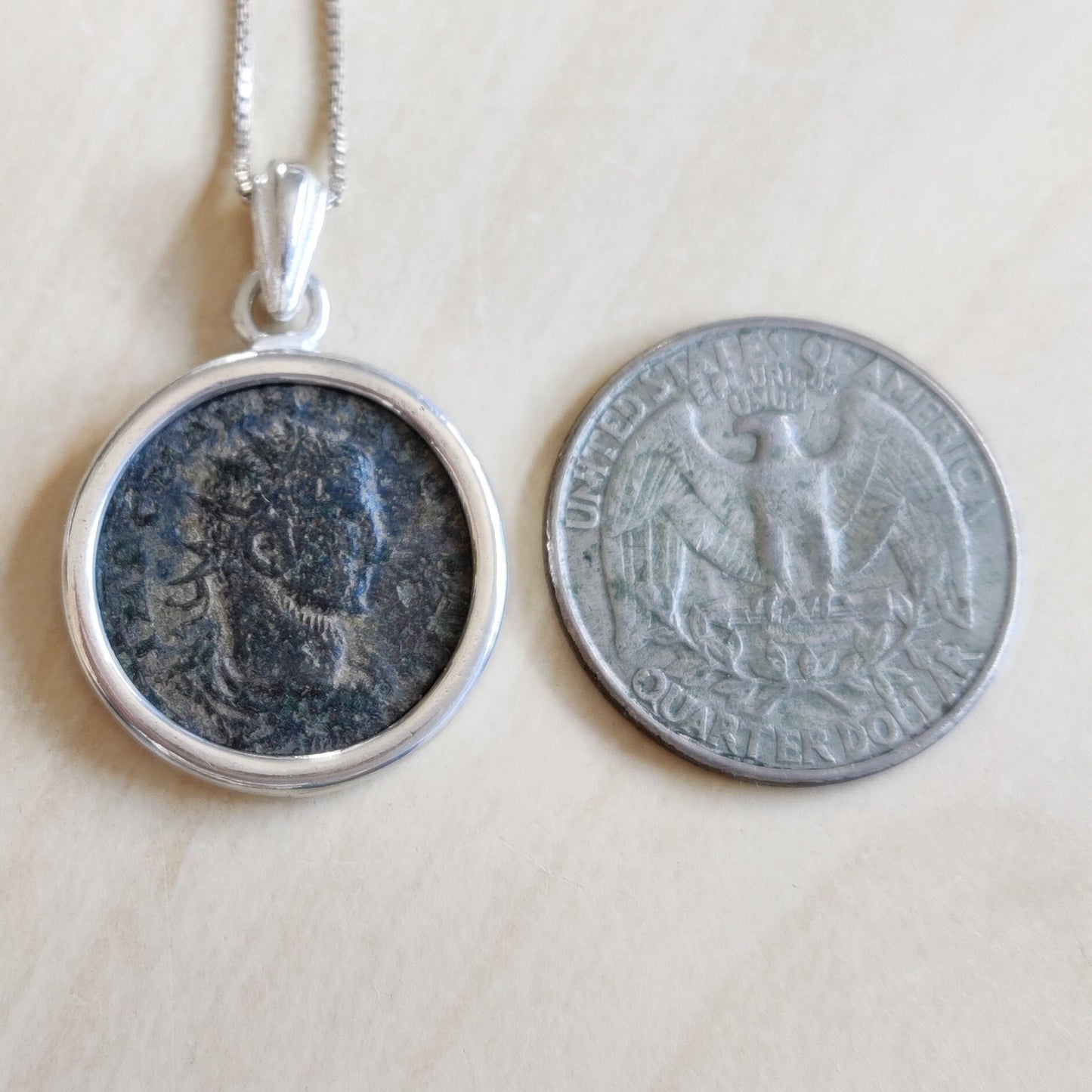 Antique Roman Empire Coin Silver Necklace, 3rd Century Valerian Pendant, Vintage Style Jewelry
