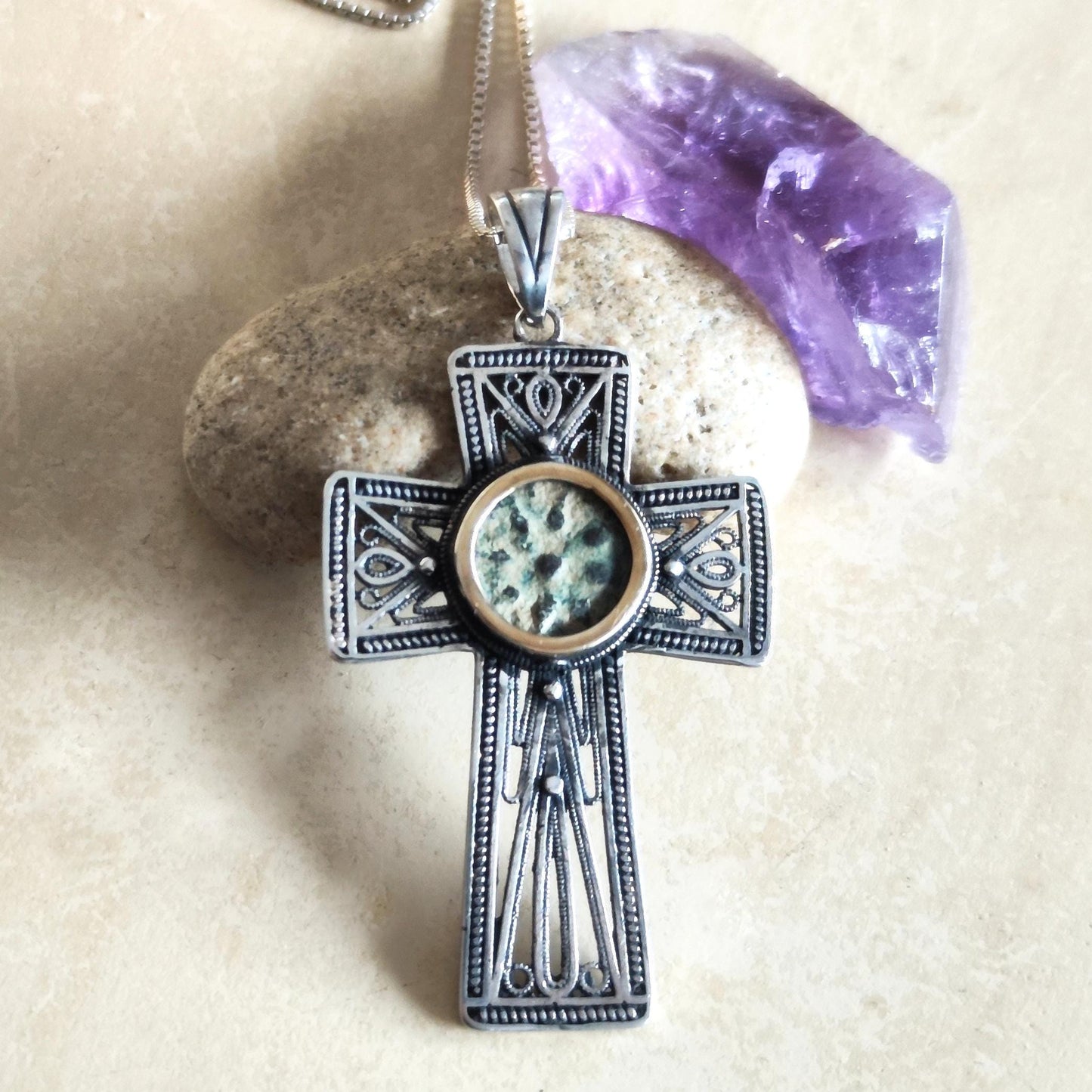 Widow Mite Coin Filigree Cross Silver Pendant, Vintage Style Large Christian Necklace, Antique Jesus Coin Gift
