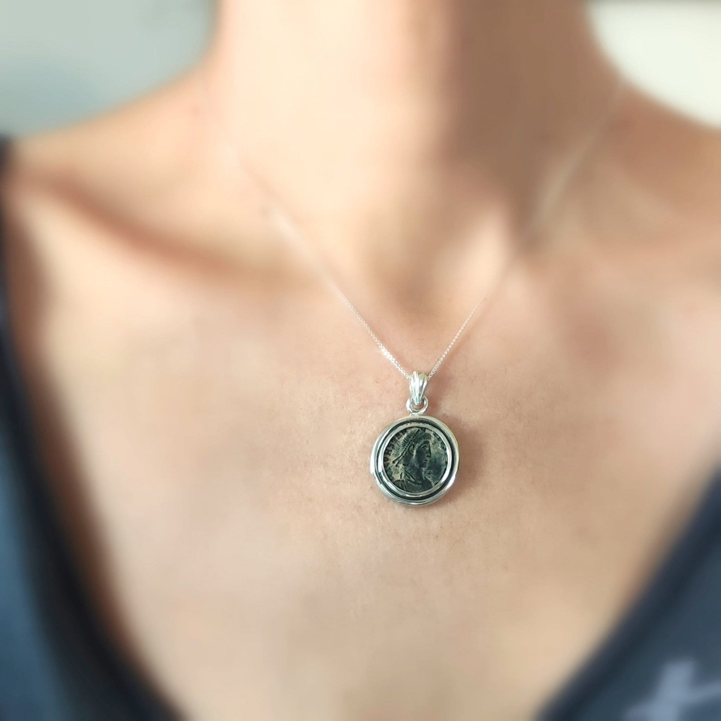 Roman Coin Silver Necklace, Antique Emperor Constantius Medallion, Men Coin Pendant, History Buff Jewelry, Unisex Bronze Coin Pendant