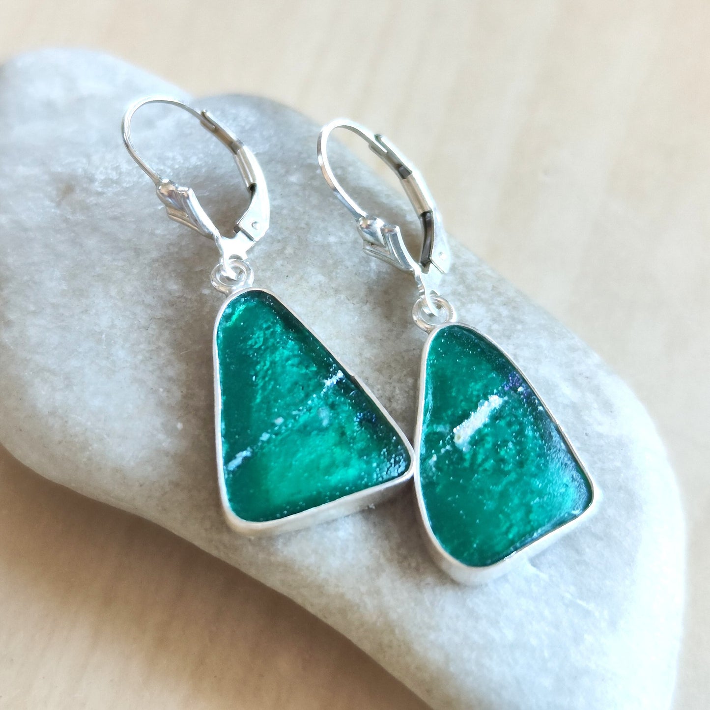 Ancient Roman Glass Earrings, Green Purple peacock Triangle Drop Earrings, Israeli jewelry, Silver Glass Dangle Earrings, Statement Earrings