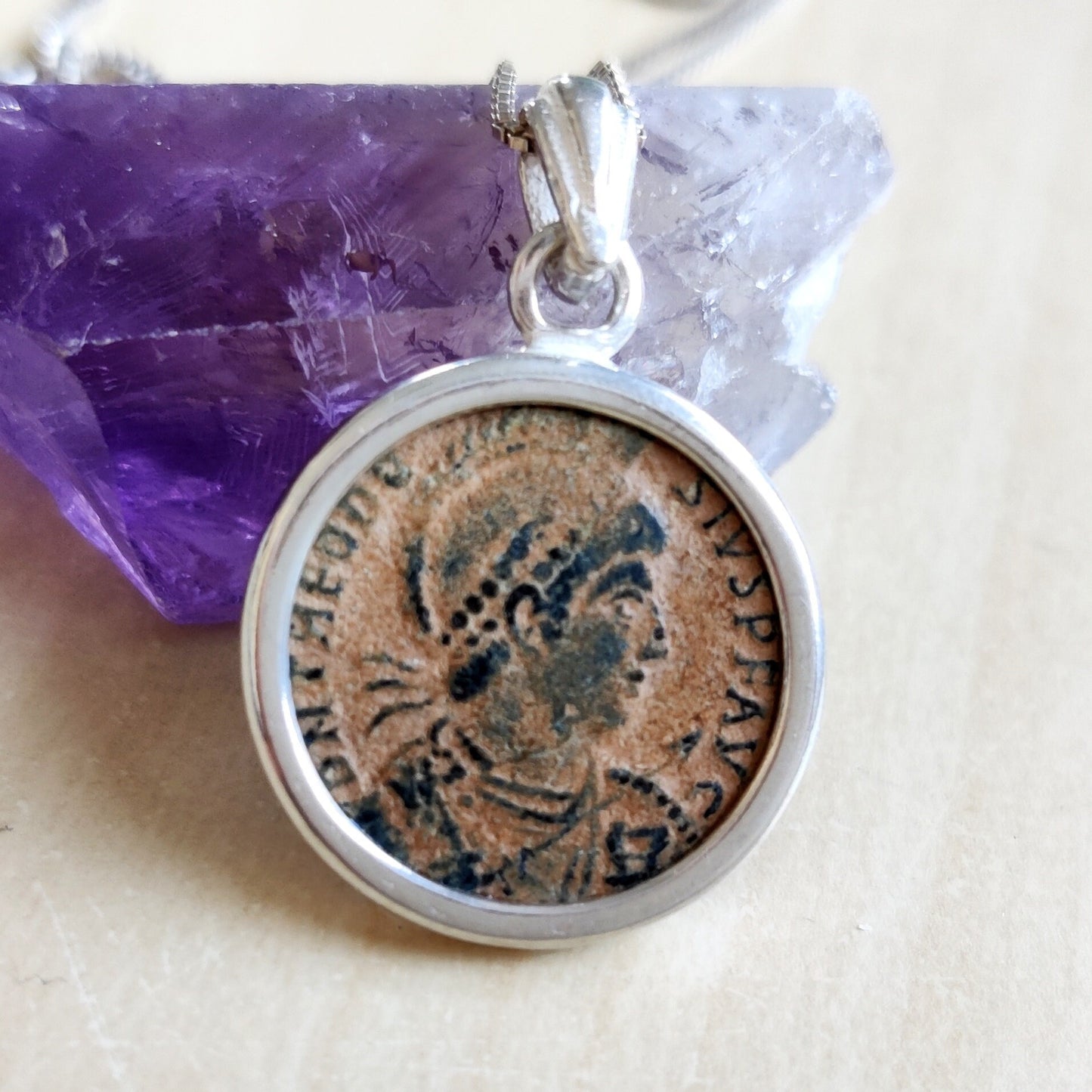 Roman Orthodox Coin Silver Necklace, Antique Theodosius bronze medallion, Authentic Christian Coin Charm, Vintage jewelry, History Buff gift