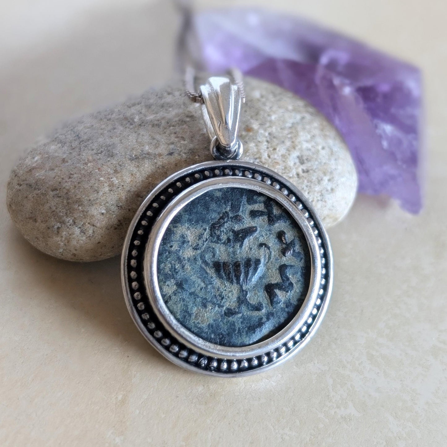 Antique Jewish Revolt Masada Coin Silver Necklace, Ancient Jerusalem Second Temple Bronze Prutah Pendant, Roman Amphora Grape Vine Medallion