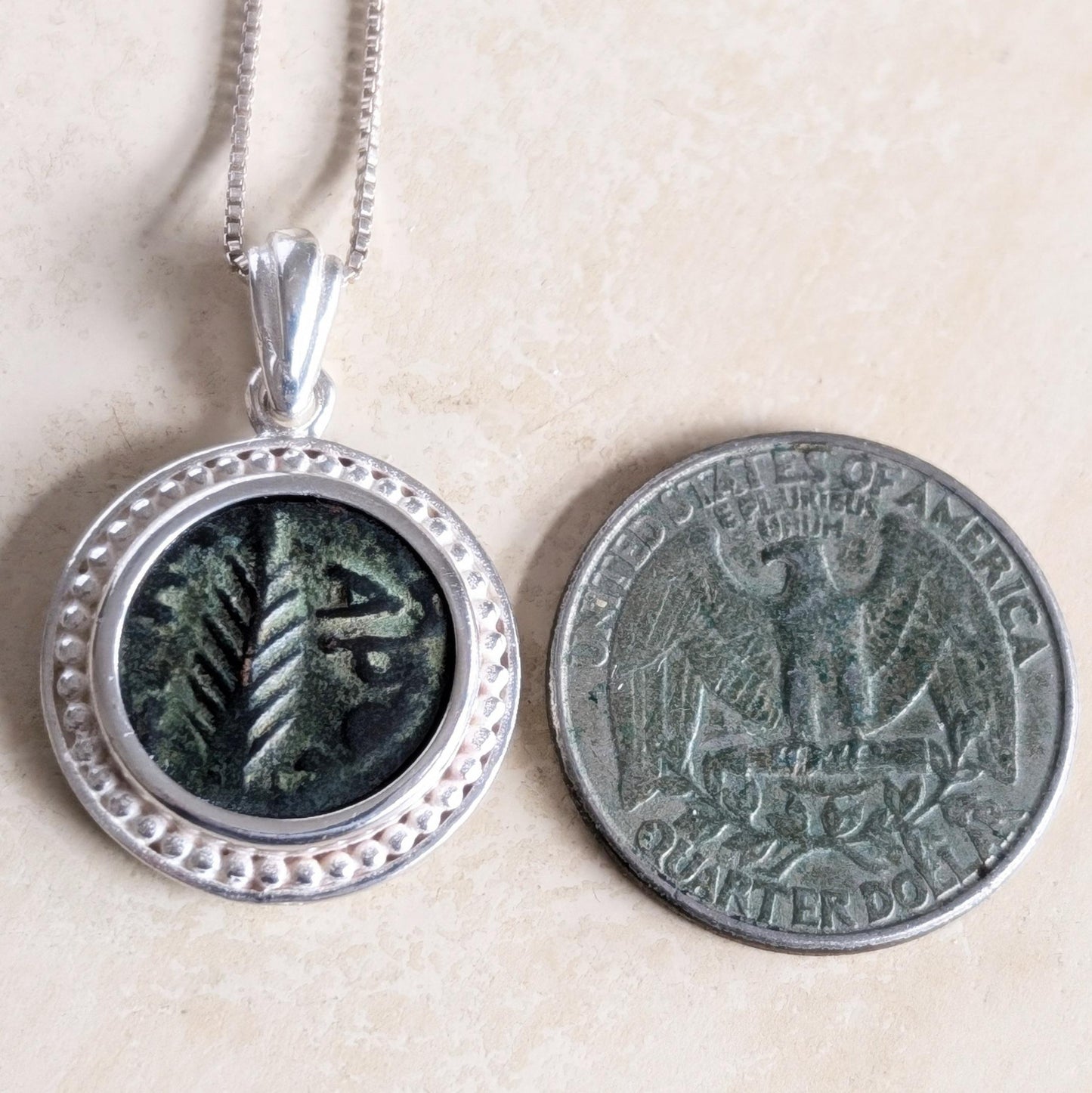 Antique Roman coin necklace, Emperor Nero Judea Province Coin, procurator Porcius Festus Silver medallion, Jewish Palm Coin Prutah charm
