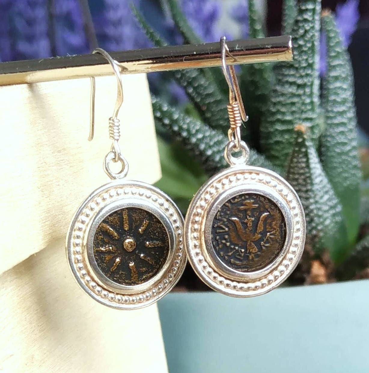 widow's mite coin silver earrings, ancient replica coin dangle earrings, christian gift idea, judean roman jewelry, bible verse jesus charm