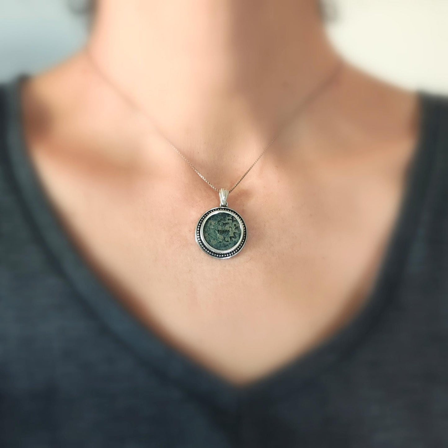Antique Jewish Revolt Masada Coin Silver Necklace, Ancient Jerusalem Second Temple Bronze Prutah Pendant, Roman Amphora Grape Vine Medallion