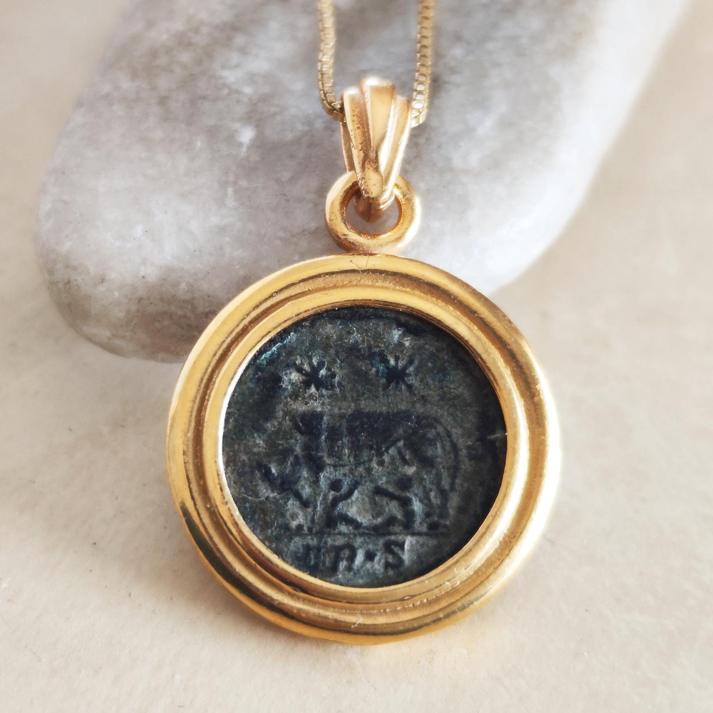 Antique Roman medallion Necklace, Gift for History Lover, Romulus & Remus with She wolf coin Charm