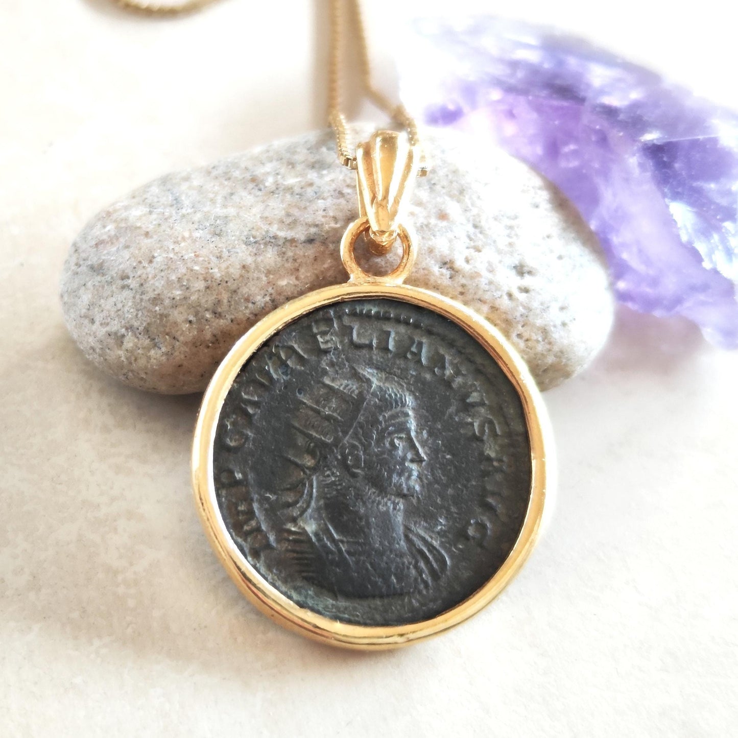 Antique Roman Aurelian Coin Pendant, Authentic Roman Coin Necklace, Real Ancient Coin Necklace, Gold Plated Vintage Pendant