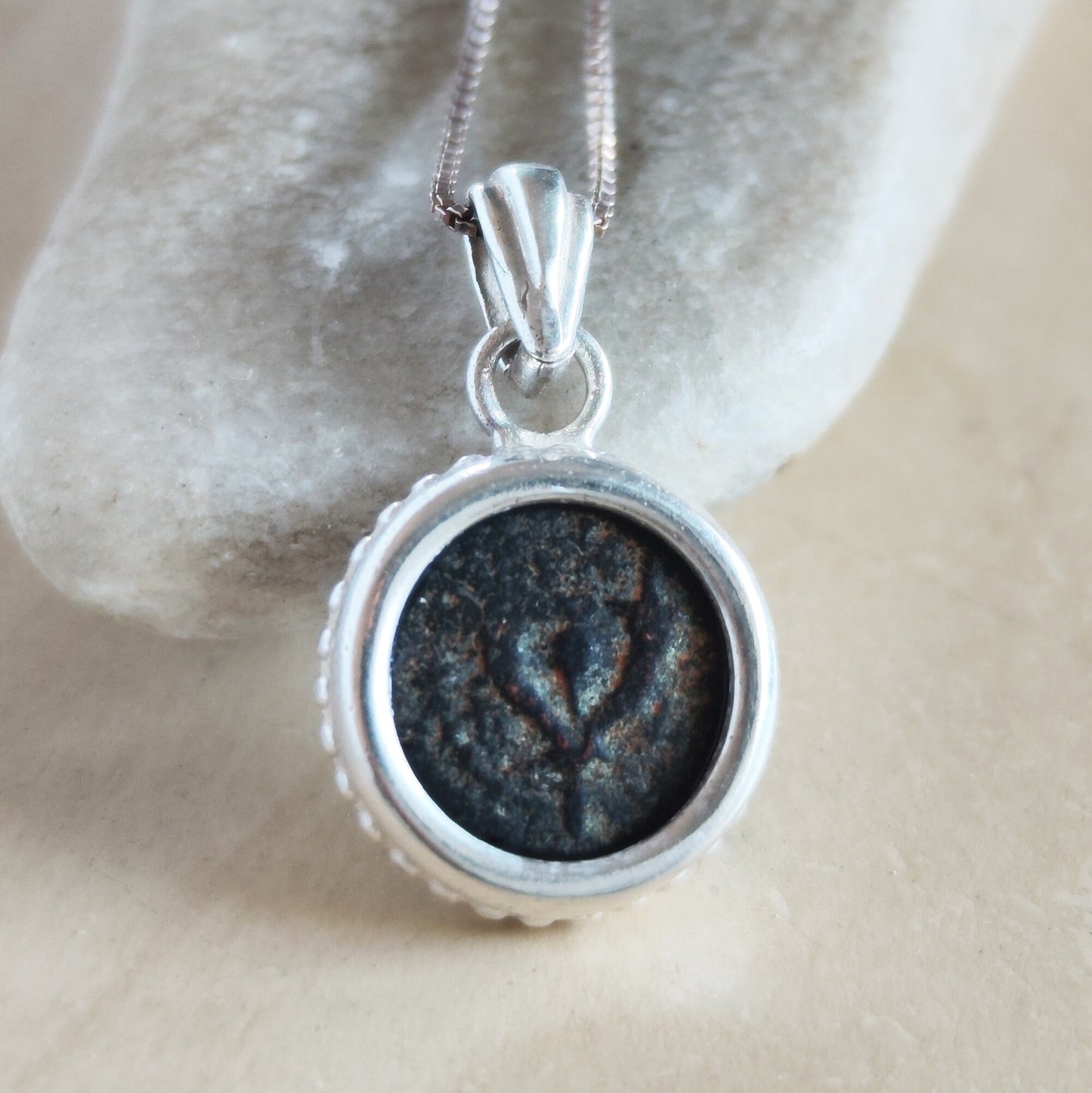 Genuine Antique widow's mite coin necklace, Hasmonean Judea Bronze Cornucopia Horns of Plenty Prutah Pendant, Ancient Coin Men Women Jewelry