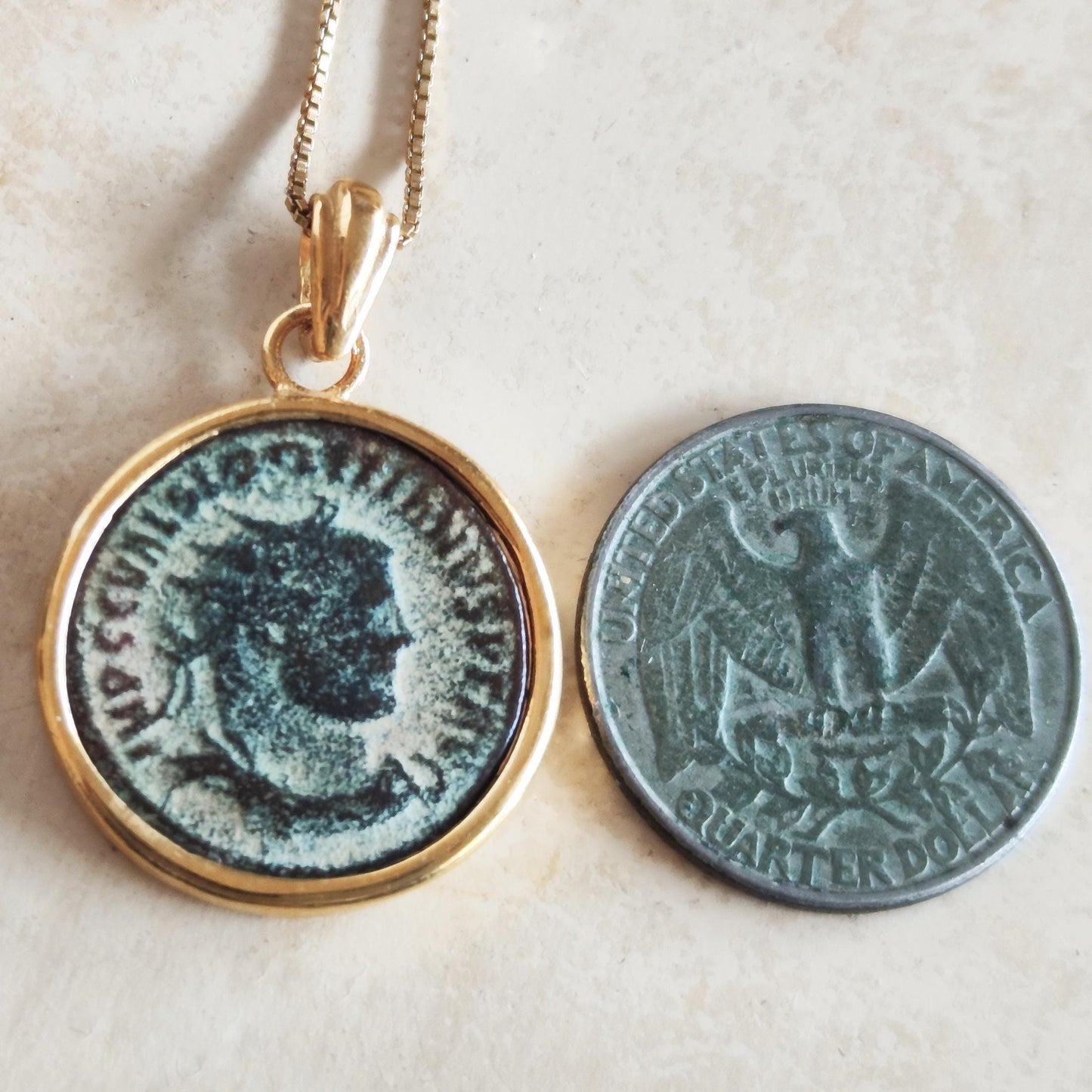 Certified Antique Roman Coin Necklace, Genuine Emperor Diocletian Gold Plated medallion, Women Unisex Ancient Coin Jewelry, vintage Necklace