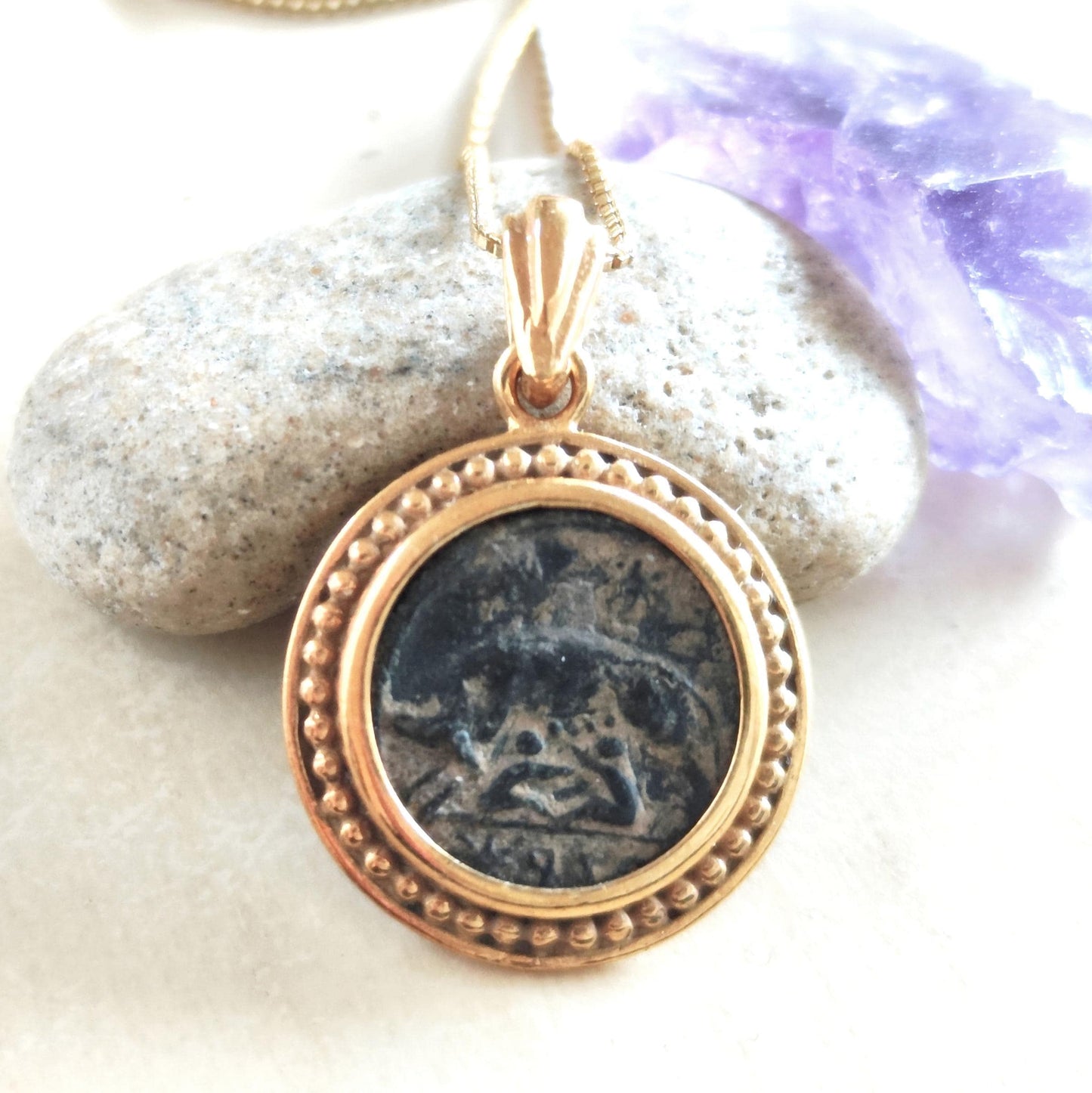 Roman Coin Of Romulus & Remus necklace, Ancient History Mythology Medallion, Women Pendant, Antique Constantine She wolf bronze coin