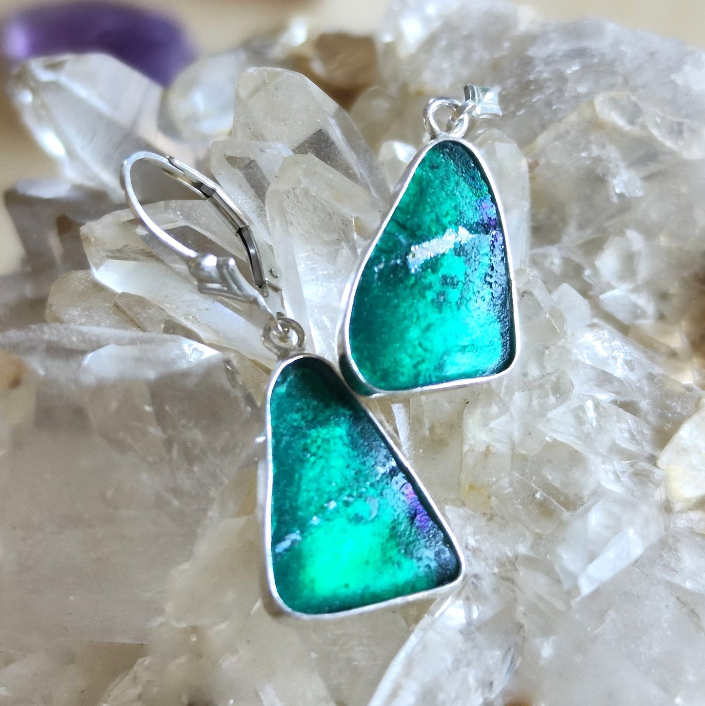 Ancient Roman Glass Earrings, Green Purple peacock Triangle Drop Earrings, Israeli jewelry, Silver Glass Dangle Earrings, Statement Earrings