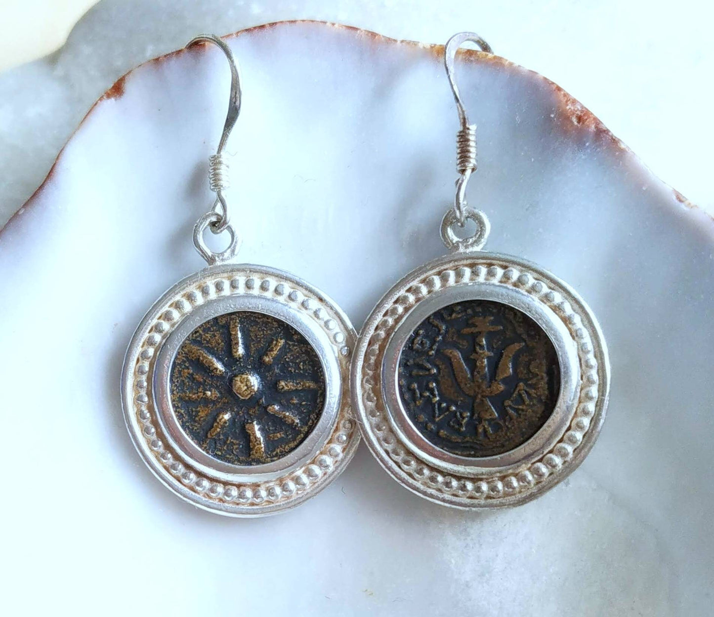 widow's mite coin silver earrings, ancient replica coin dangle earrings, christian gift idea, judean roman jewelry, bible verse jesus charm