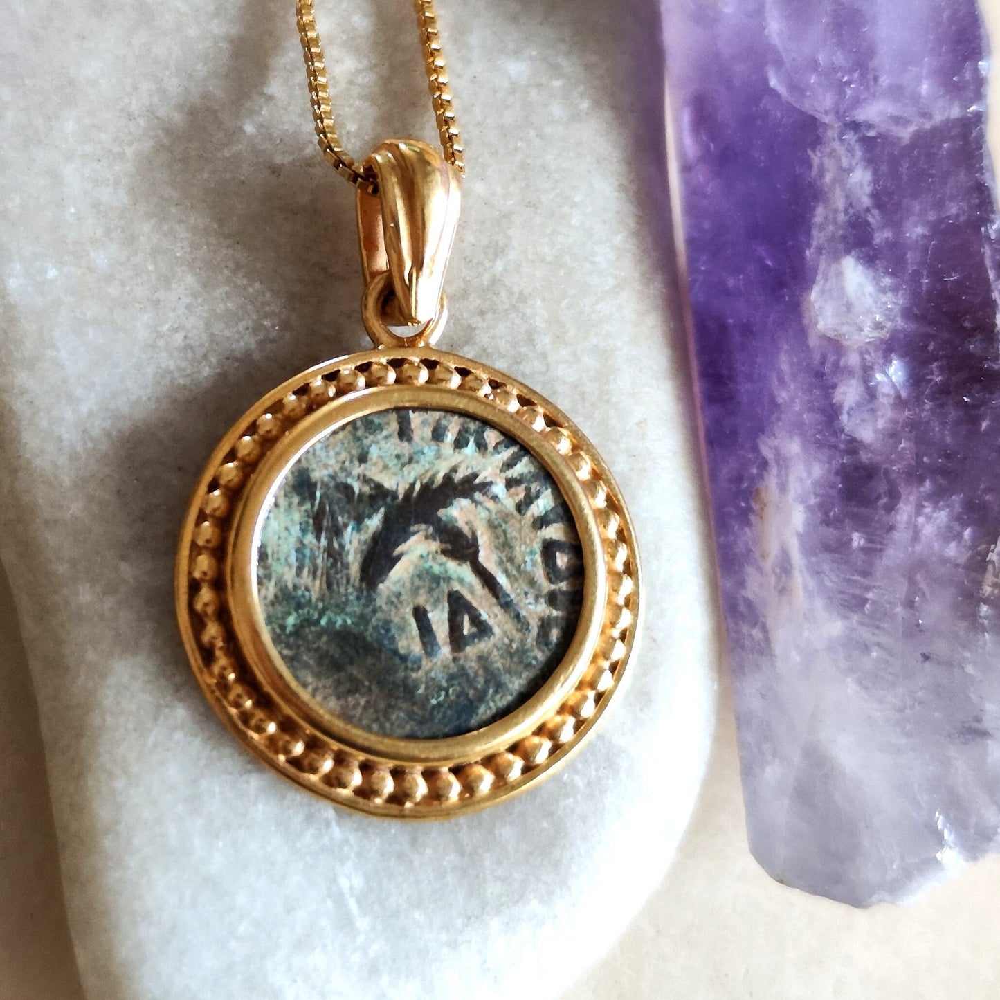 Authentic Roman coin gold plated necklace, Procurator Antonius Felix Emperor Claudius medallion, Antique Bronze Prutah, vintage men necklace