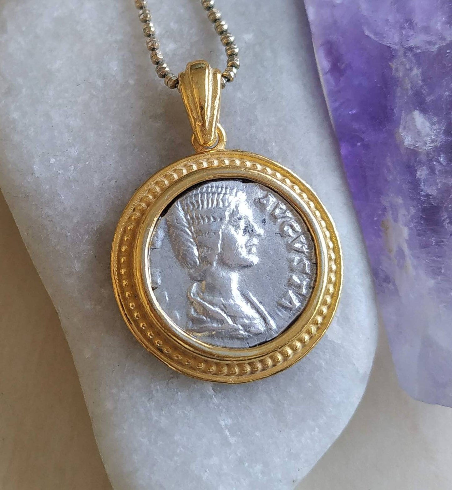 Silver Coin Necklace, Ancient Empress Julia Domna Coin Gold Plated Medallion, Women of the Roman empire Pendant, vintage style Gift for Her