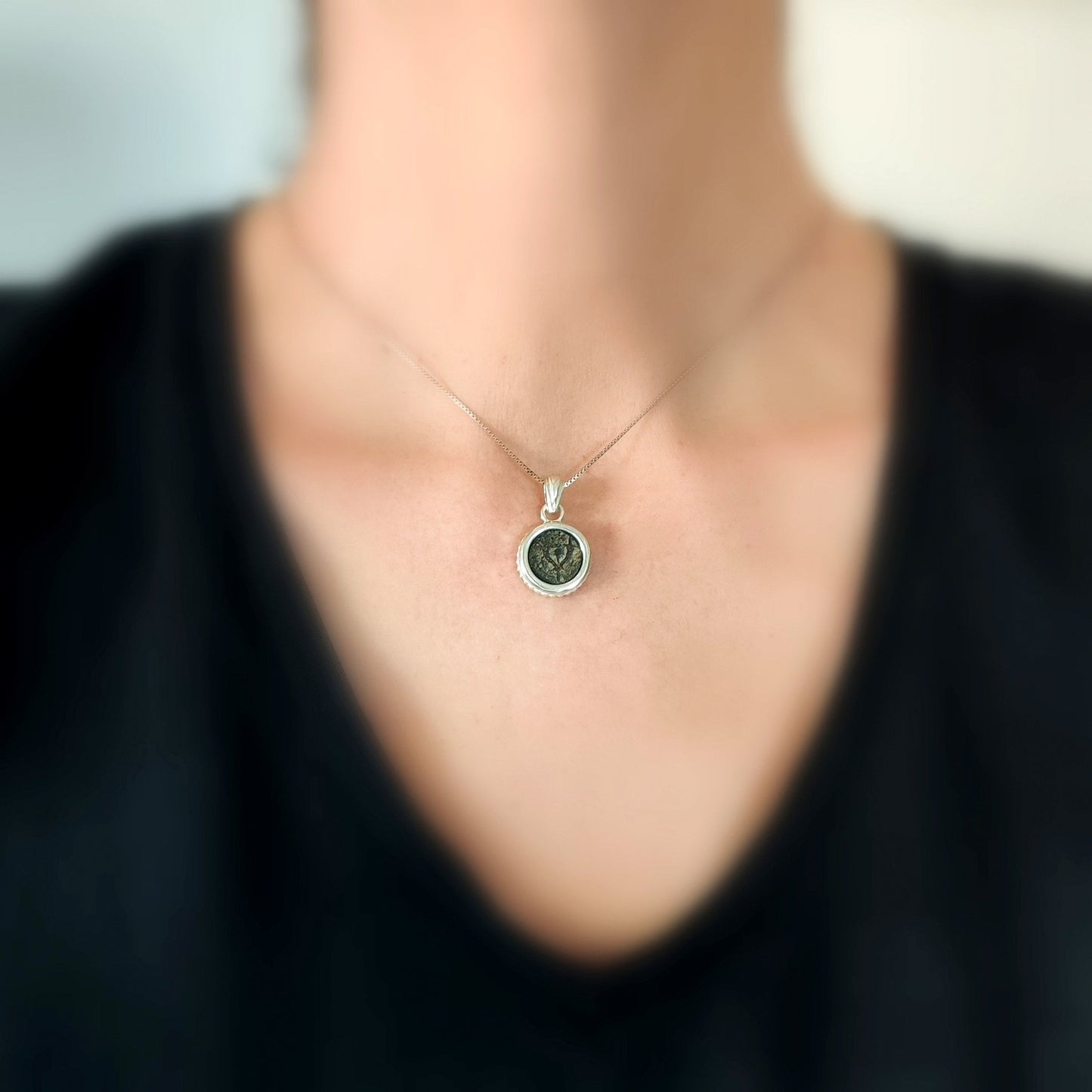 Genuine Antique widow's mite coin necklace, Hasmonean Judea Bronze Cornucopia Horns of Plenty Prutah Pendant, Ancient Coin Men Women Jewelry