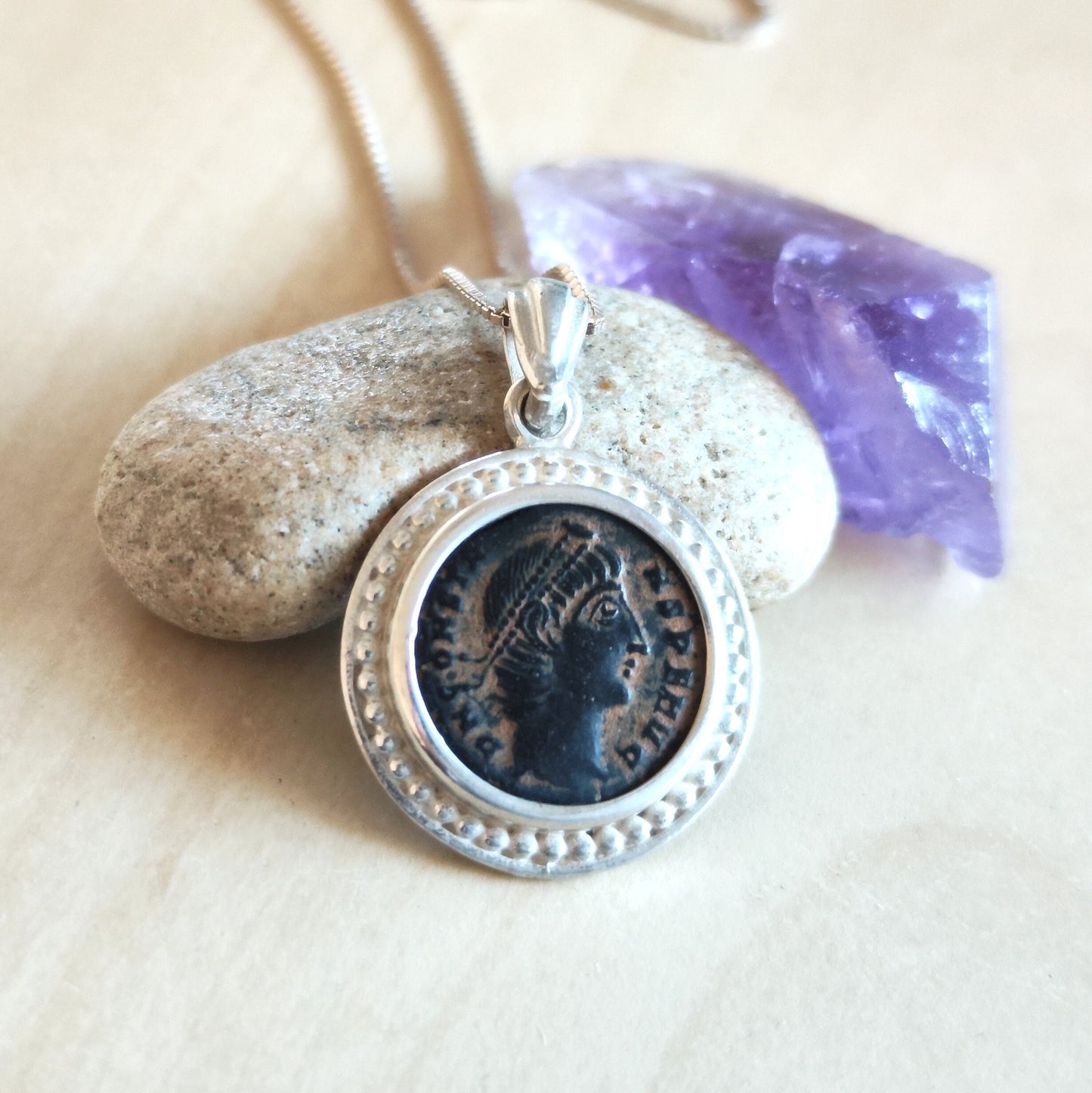 Genuine certified Roman coin silver necklace, ancient bronze coin pendant, Emperor Constans medallion, vintage style men unisex gift