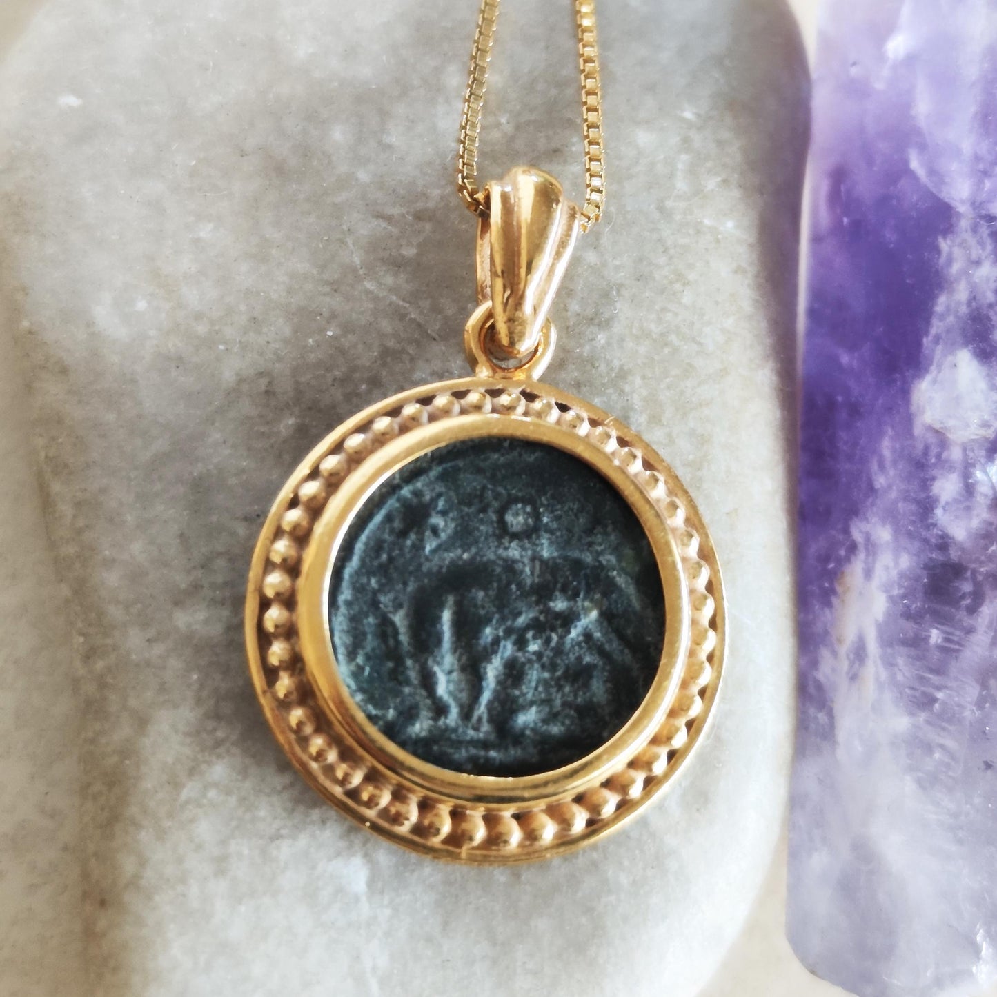 Roman Coin Pendant of Twins Romulus and Remus, Ancient Constantine Coin Necklace, Vintage Jewelry