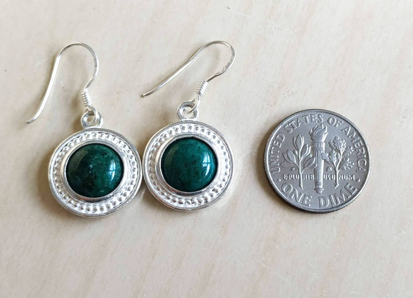 Eilat Stone Silver dangle Earrings, Green gemstone Earrings, King Solomon mine stone minerals, Israeli jewelry, Malachite round Earrings