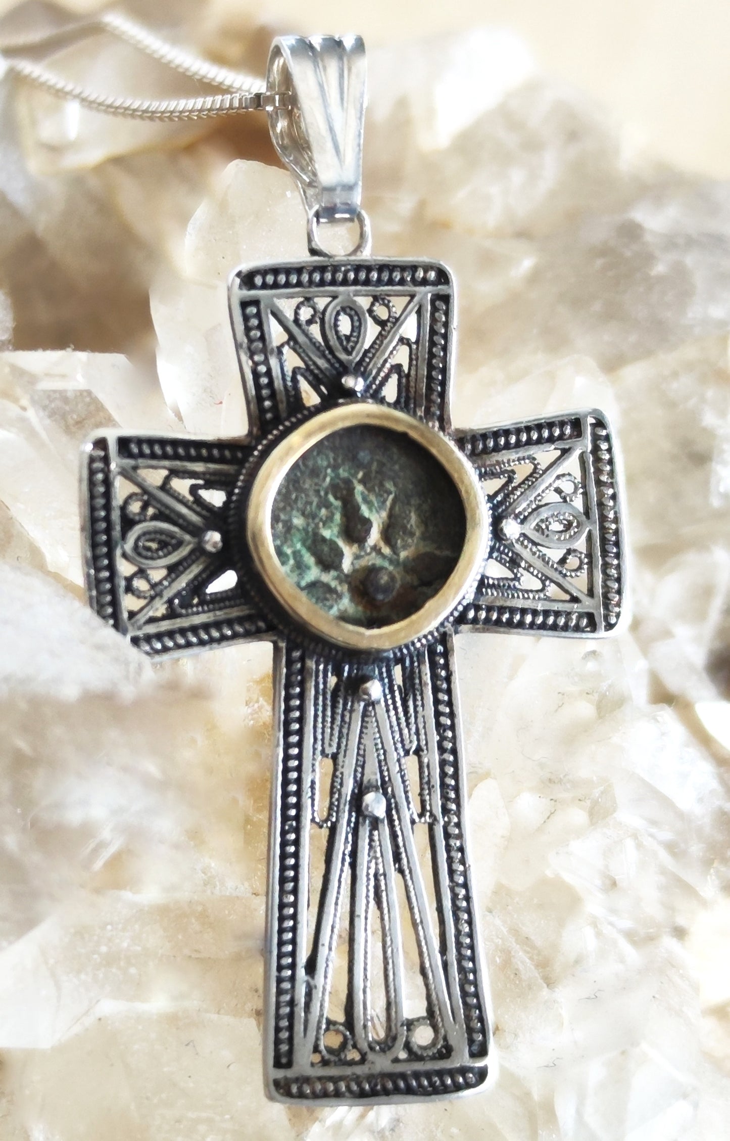 Filigree Cross Pendant set with Widow's Mite coin, Antique Christian Necklace in Sterling Silver Barr Designs