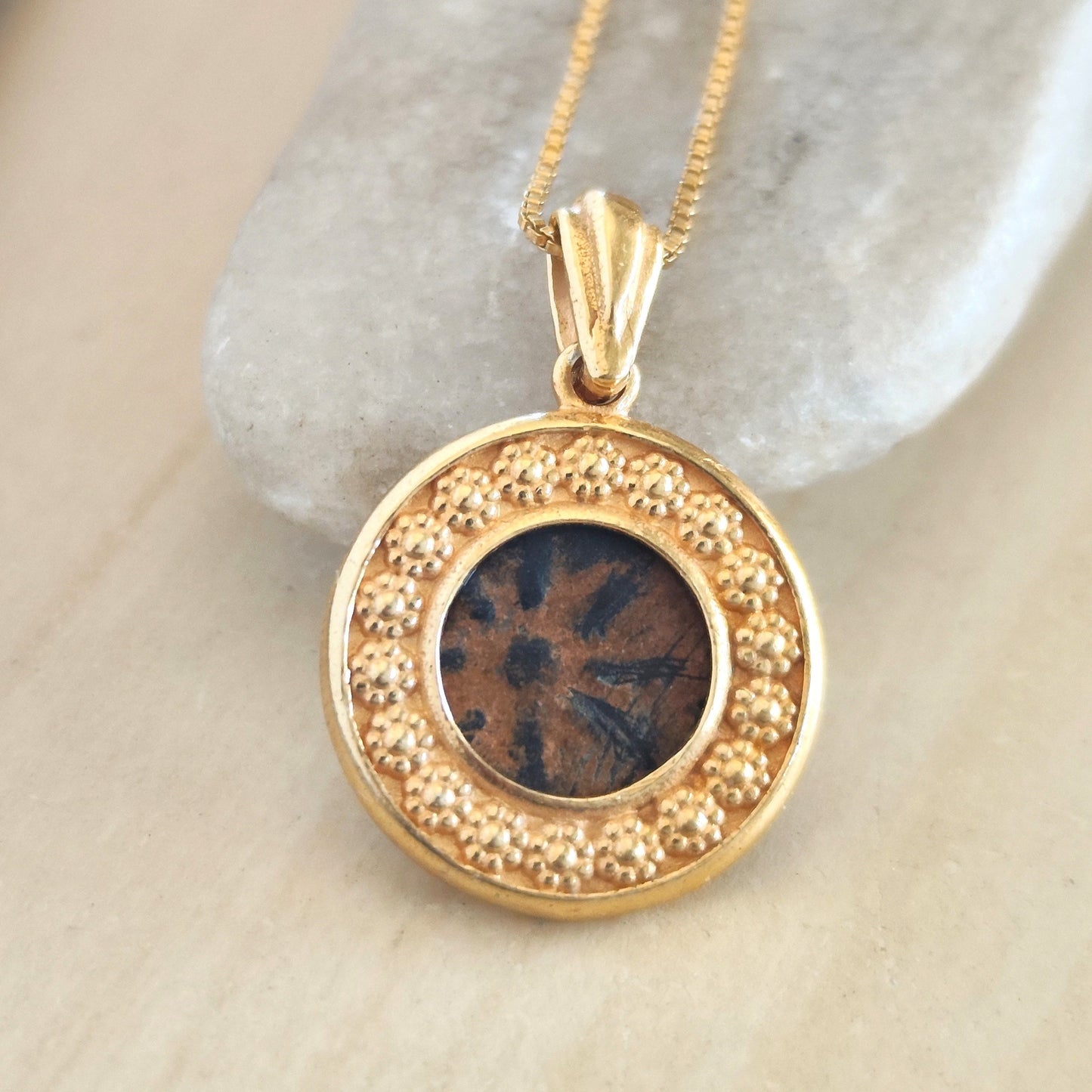 Widow's Mite Coin Gold Plated Pendant, Ancient Biblical Coin Necklace, Flower Nature Jewelry, Christian Gift Idea, Antique Vintage Style
