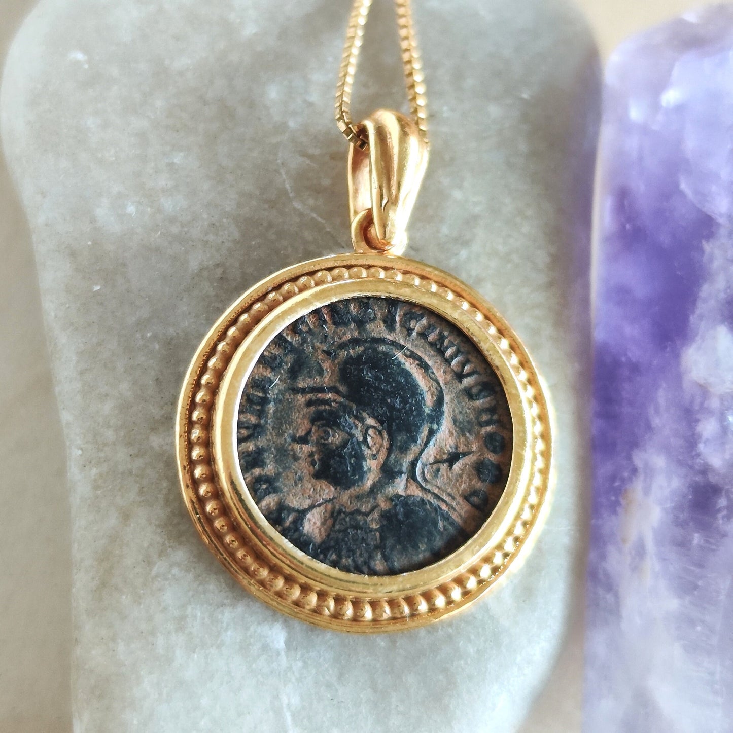 Genuine Roman Coin Medallion, Emperor Licinius I Antique Bronze Coin Gold Plated Pendant, Vintage Style Statement Necklace, Jupiter Pendant