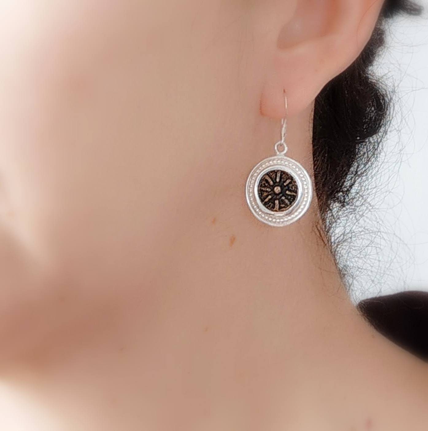 widow's mite coin silver earrings, ancient replica coin dangle earrings, christian gift idea, judean roman jewelry, bible verse jesus charm