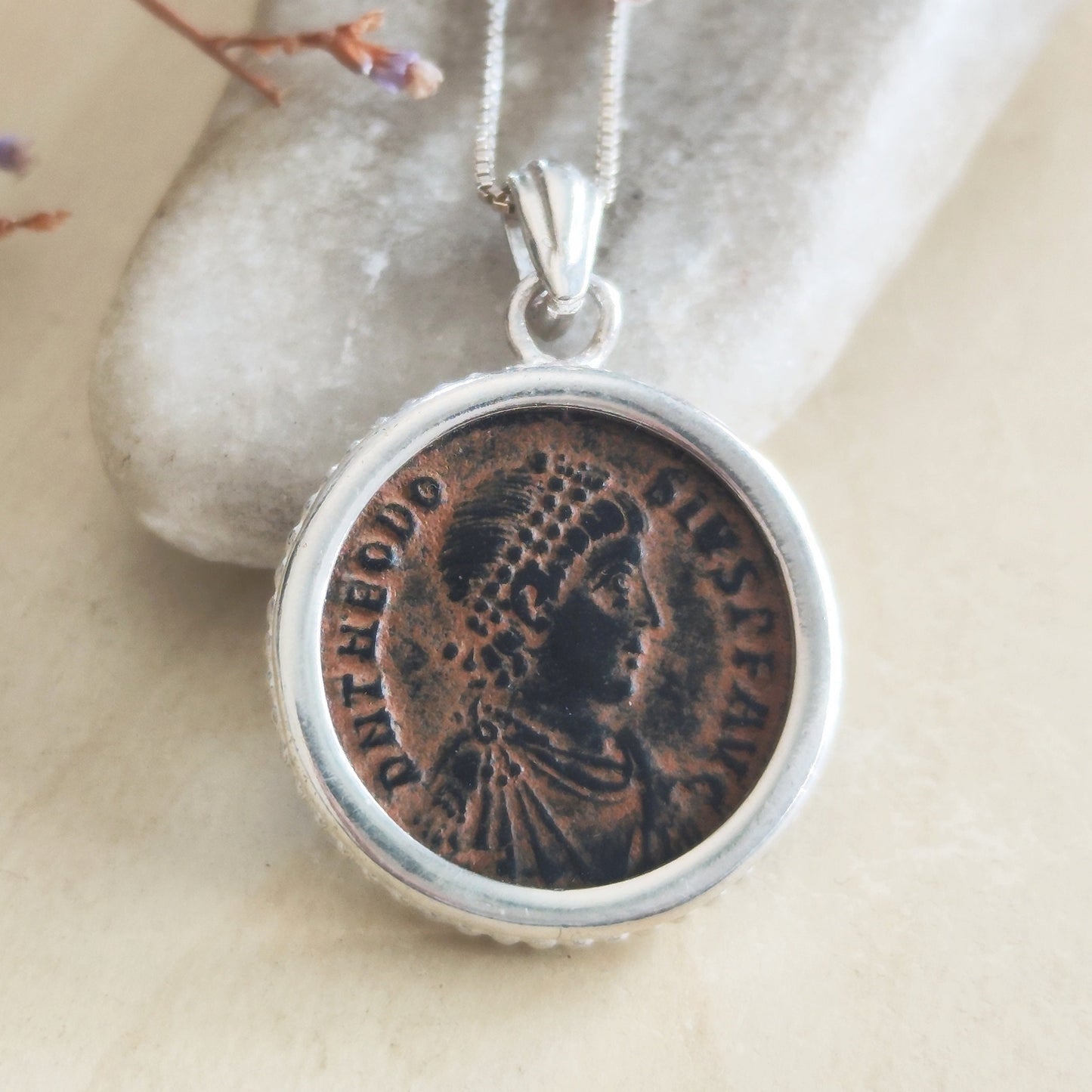 Roman Christian Emperor Theodosius Coin Silver Necklace, Ancient Coin Medallion Pendant, Holy Land History Jewelry