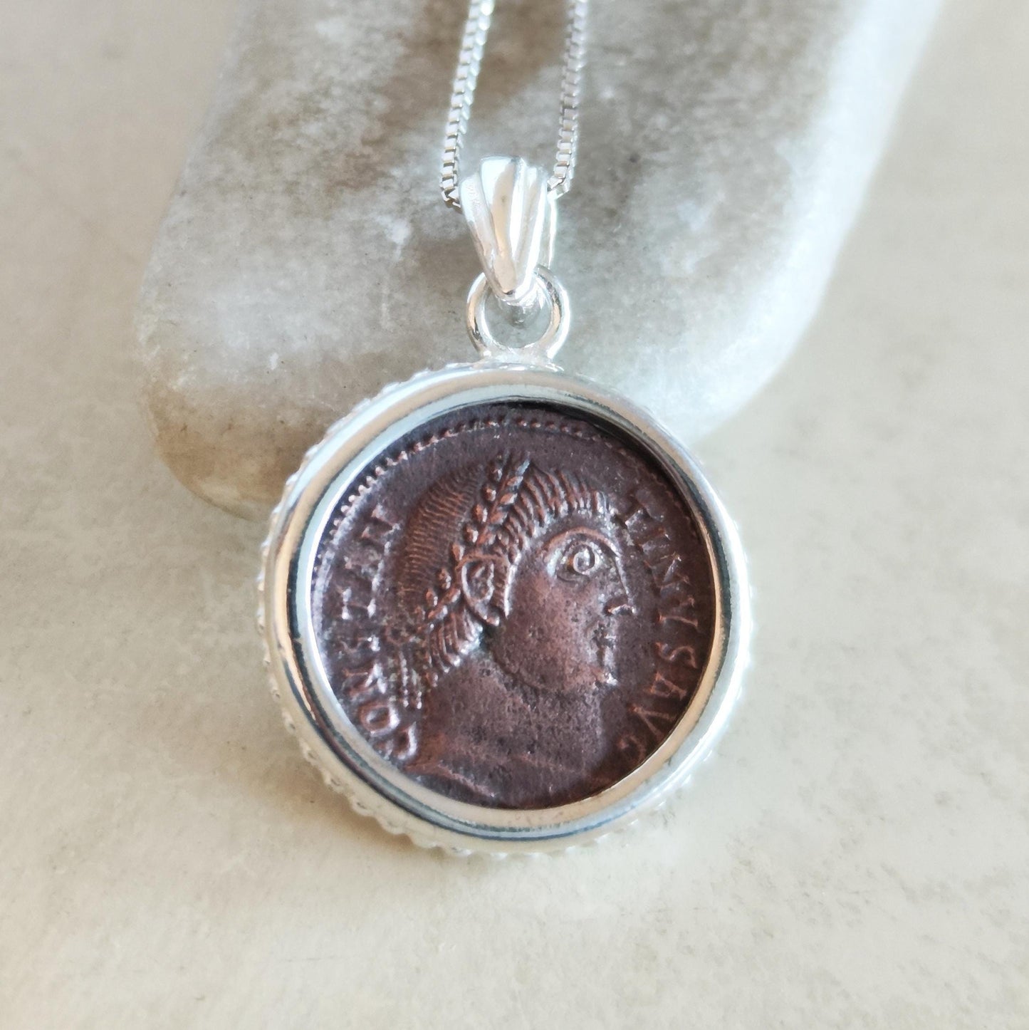 Roman Emperor Constantine The Great Coin Silver Necklace, Real Ancient Certified Bronze Coin Pendant, Men Unisex Gift Idea