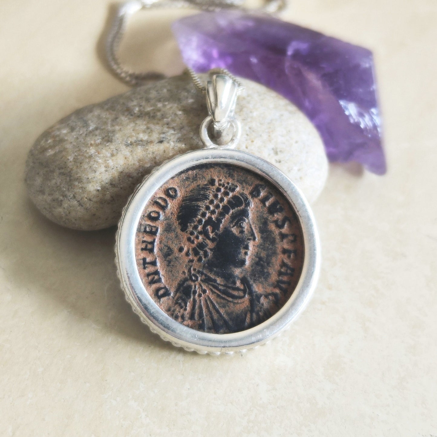 Roman Christian Emperor Theodosius Coin Silver Necklace, Ancient Coin Medallion Pendant, Holy Land History Jewelry