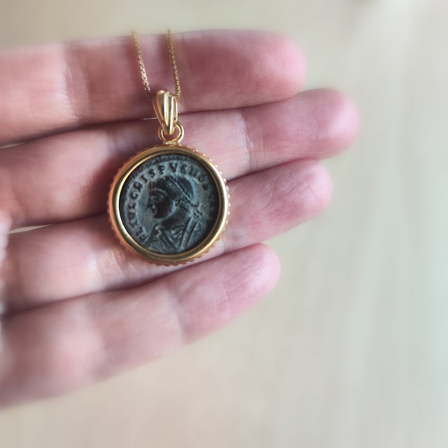 Certified Antique Roman Emperor Crispus Coin Necklace, Genuine Ancient Coin Gold Plated medallion, Women Coin Jewelry, Vintage Coin Pendant