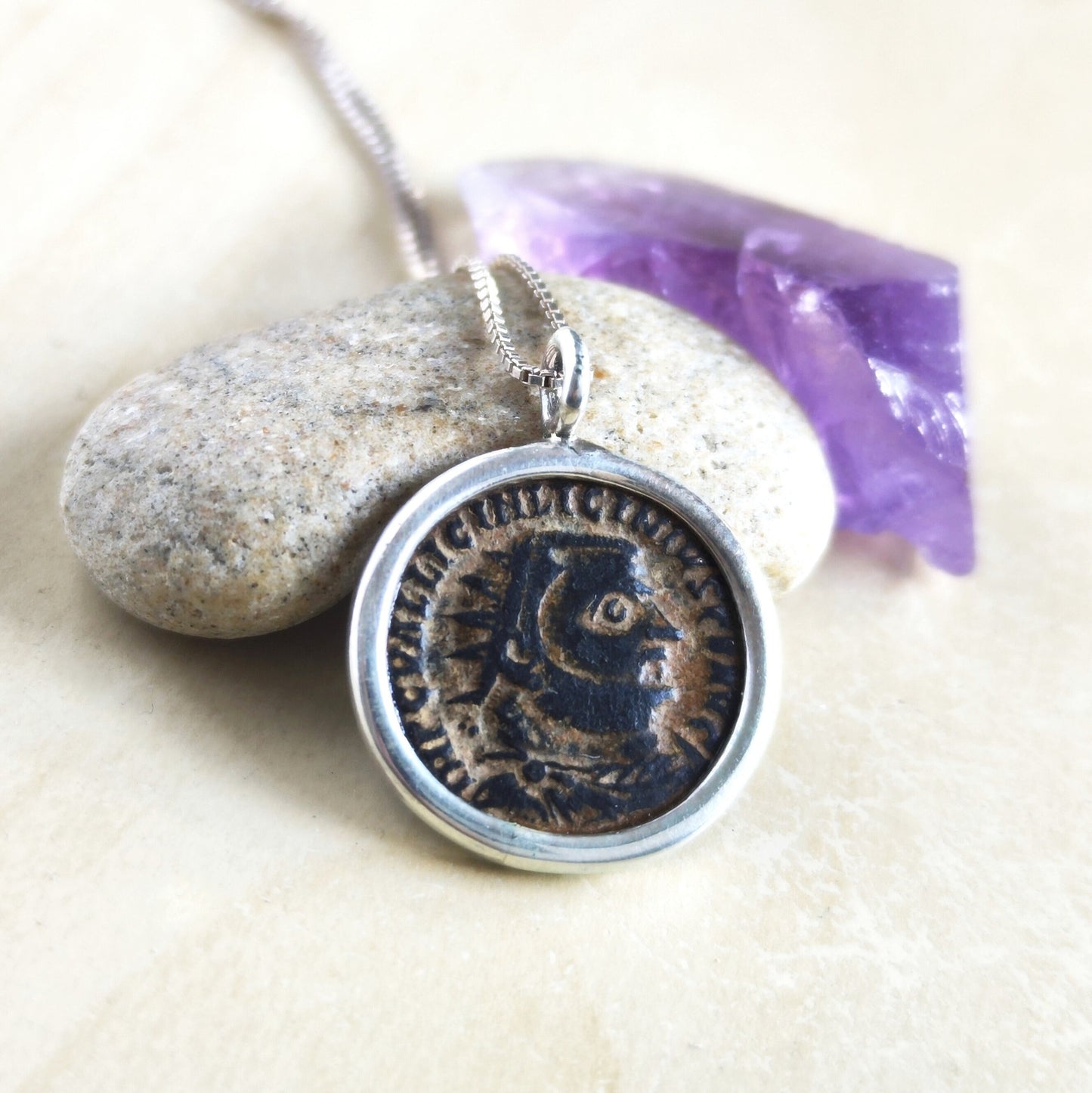 Coin necklace for men, Genuine Roman coin silver necklace, Emperor Licinius bronze coin pendant, vintage style jewelry, Antique unisex charm