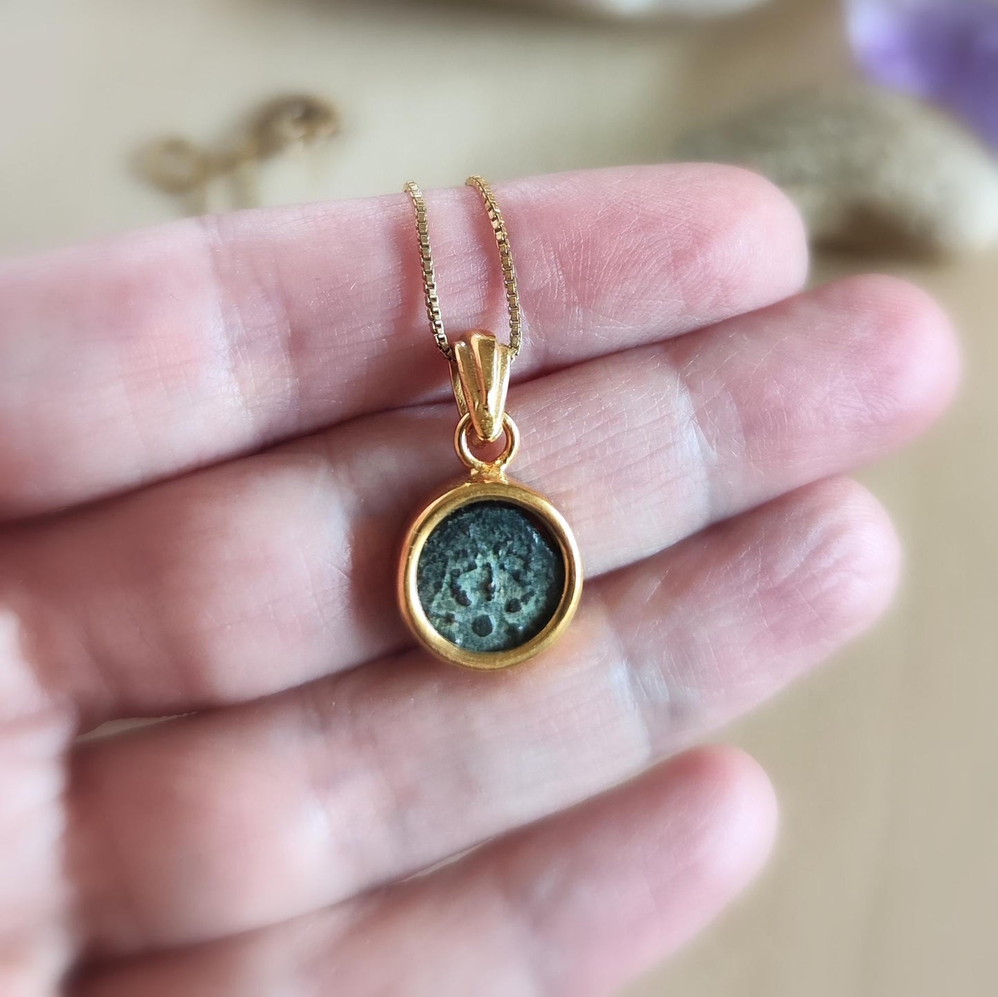 Mark 12:41 Widow's Mite Coin Necklace, Genuine Biblical Coin Gold Plated Small Pendant, Antique Real Jesus Ancient Coin, Christian Jewelry