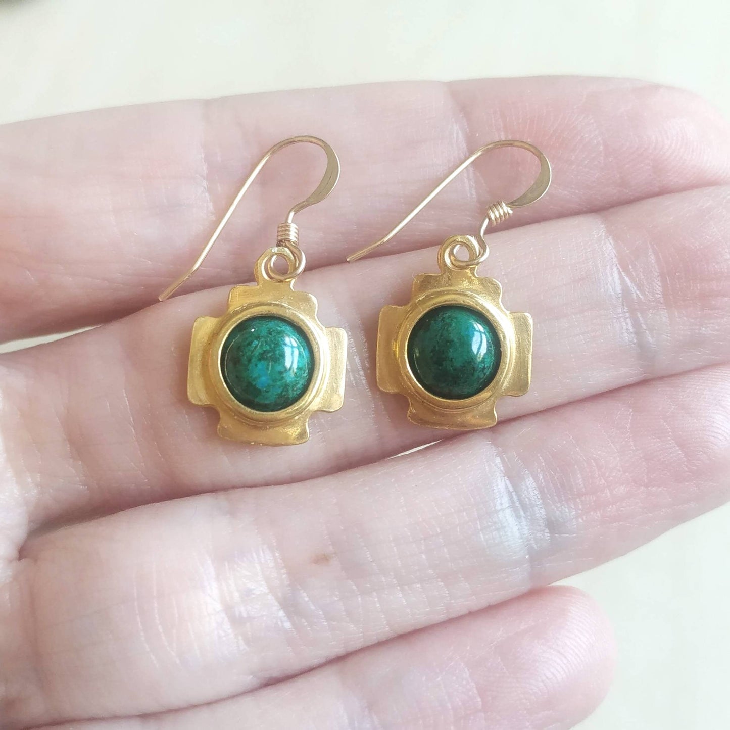 Jerusalem Cross Eilat Stone Dangle Earrings, Christian Gold Plated Gemstone Earrings, Green Malachite Chrysocolla Cabochon, Israeli Jewelry