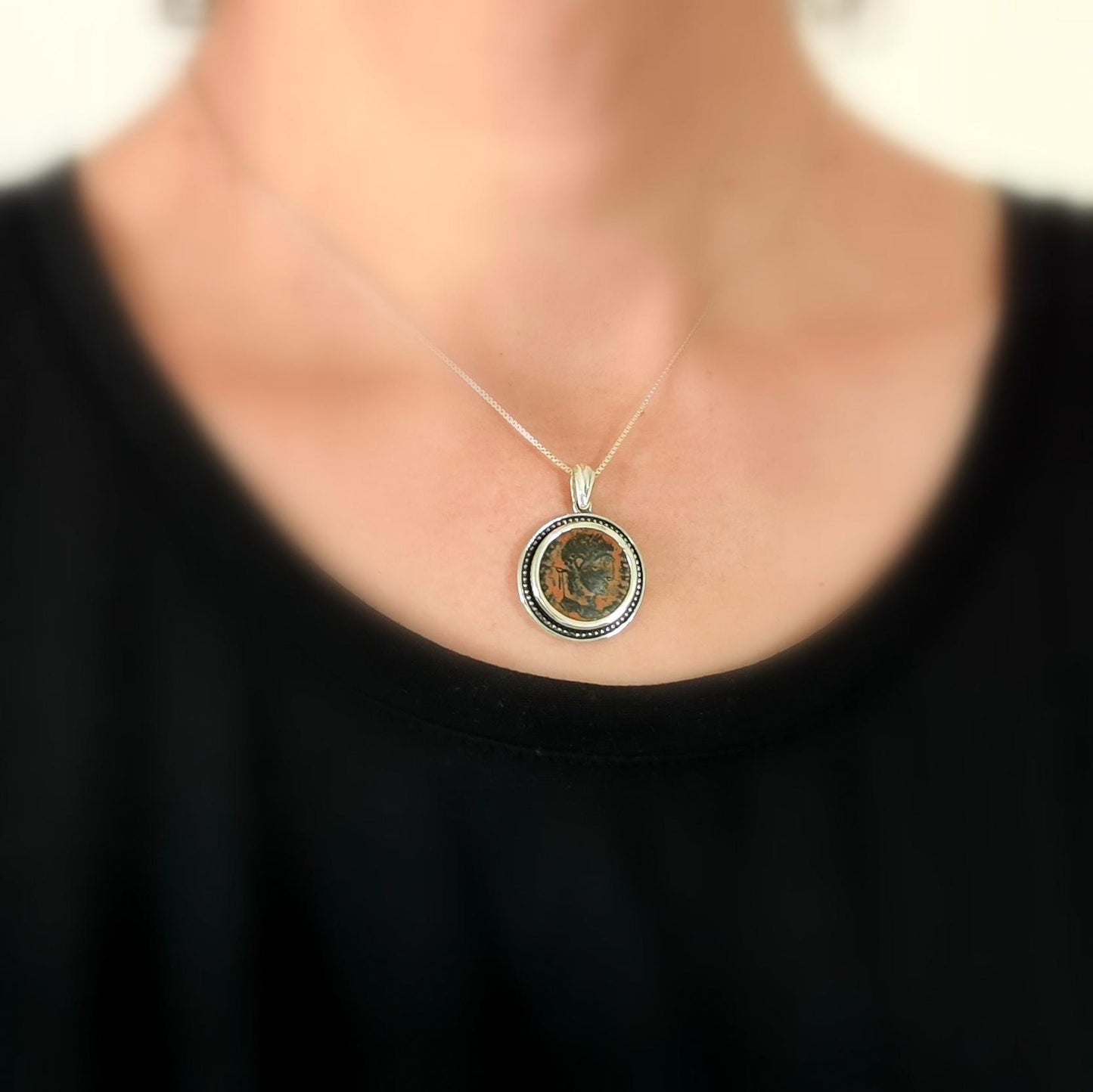 Antique Constantine the Great Coin Silver Necklace, Ancient Roman Coin Pendant