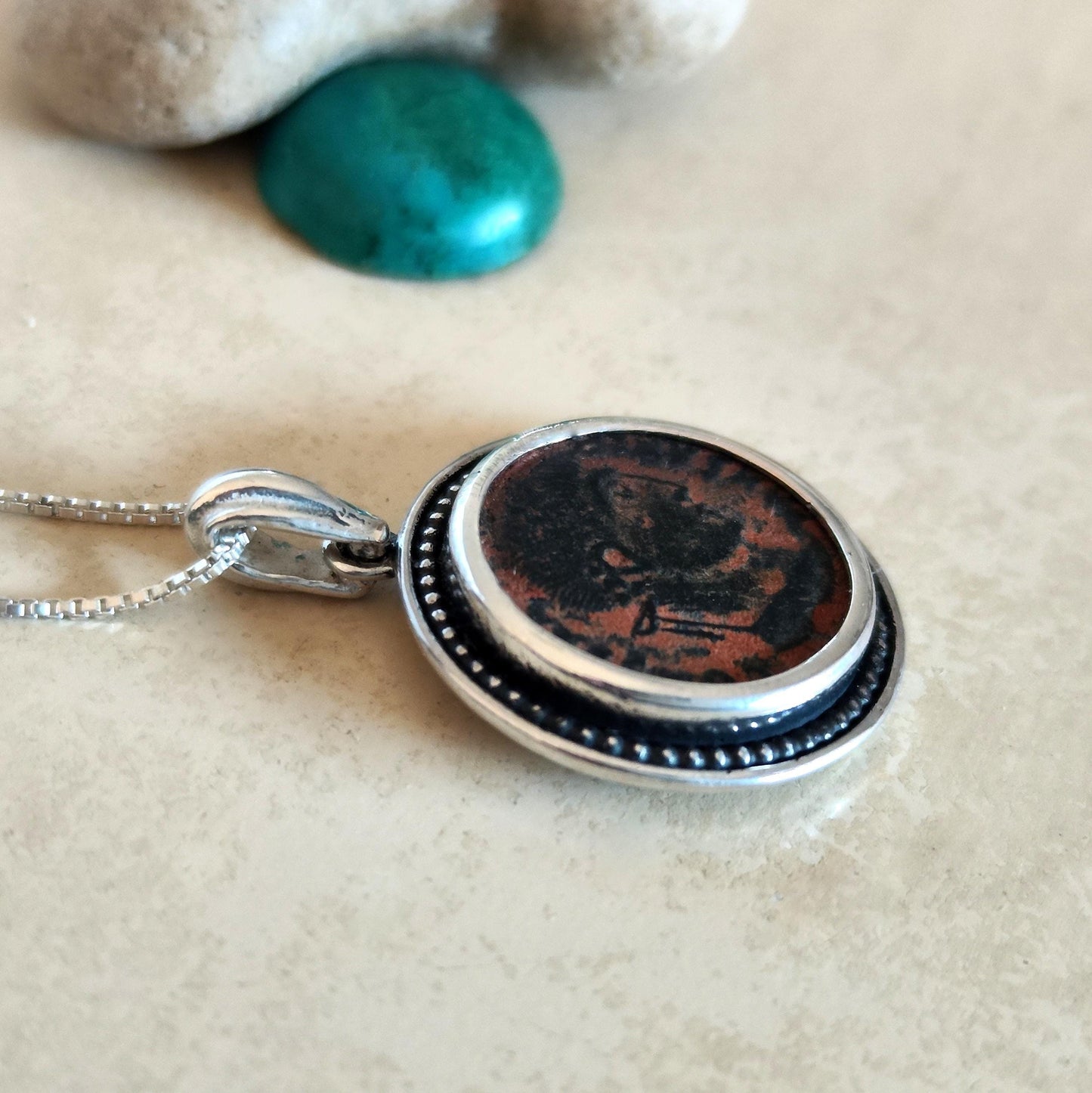 Antique Constantine the Great Coin Silver Necklace, Ancient Roman Coin Pendant