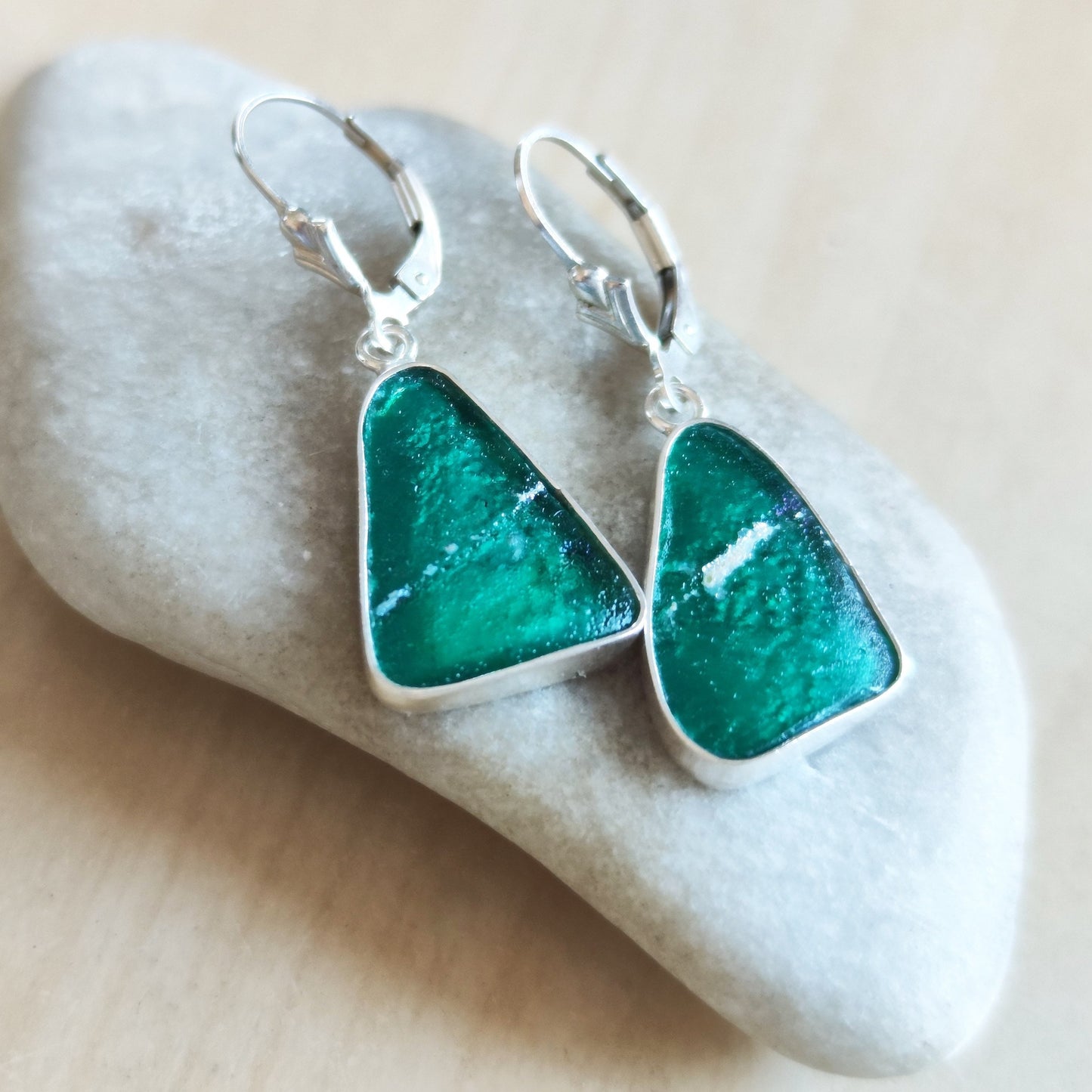Ancient Roman Glass Earrings, Green Purple peacock Triangle Drop Earrings, Israeli jewelry, Silver Glass Dangle Earrings, Statement Earrings