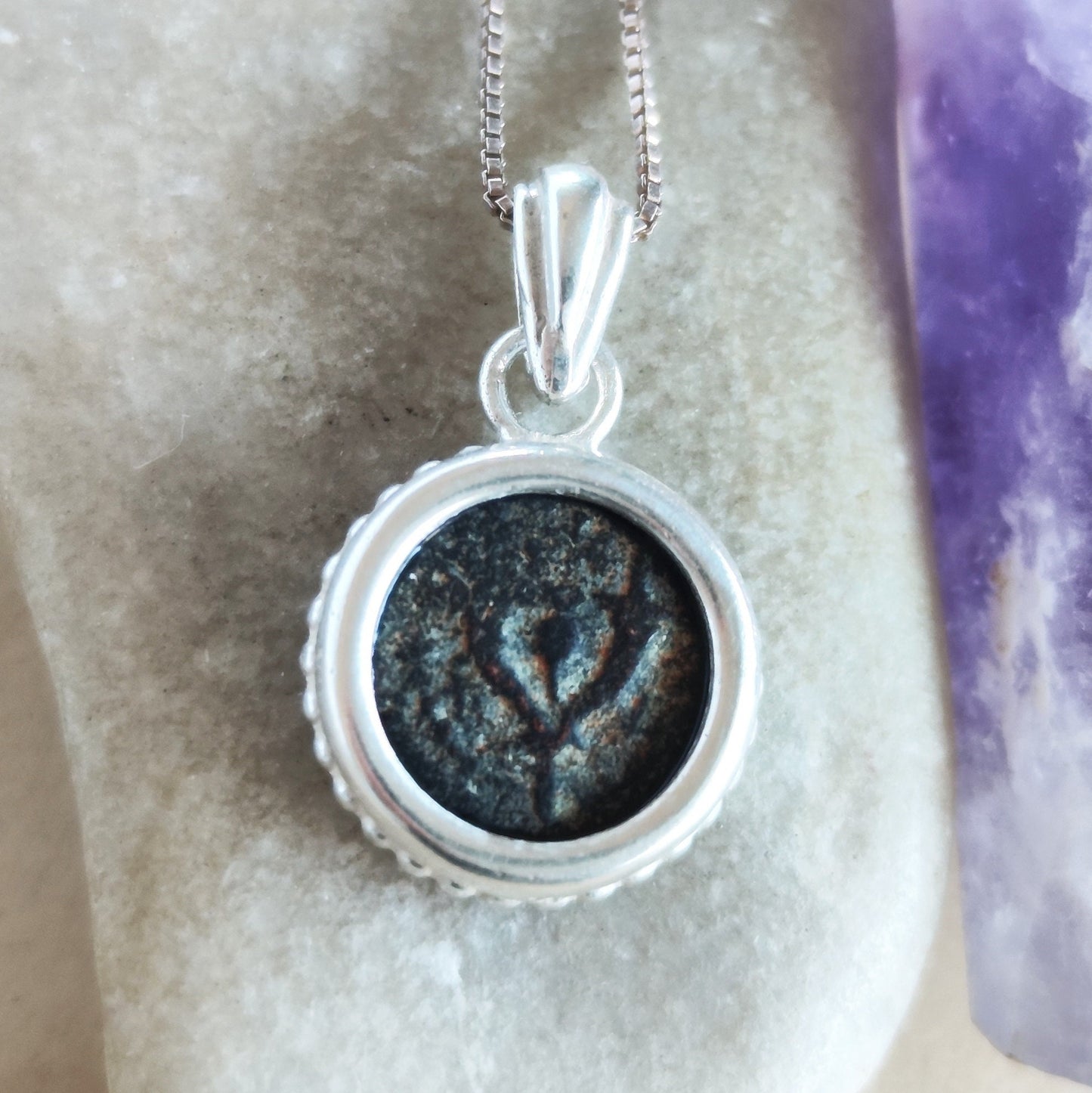 Genuine Antique widow's mite coin necklace, Hasmonean Judea Bronze Cornucopia Horns of Plenty Prutah Pendant, Ancient Coin Men Women Jewelry