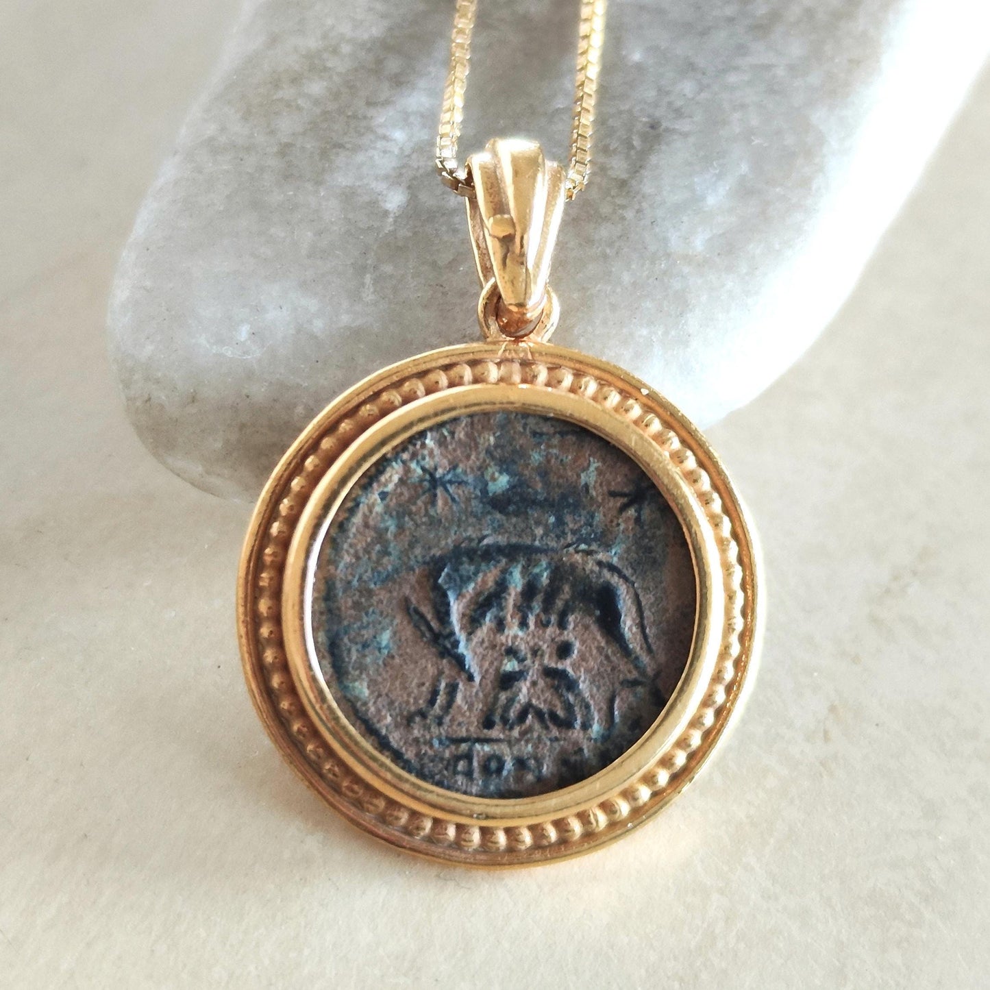 Antique Constantine She Wolf Bronze Coin Necklace, Ancient Roman Romulus & Remus coin, Vintage Gold Plated Coin Pendant, Medallion Jewelry
