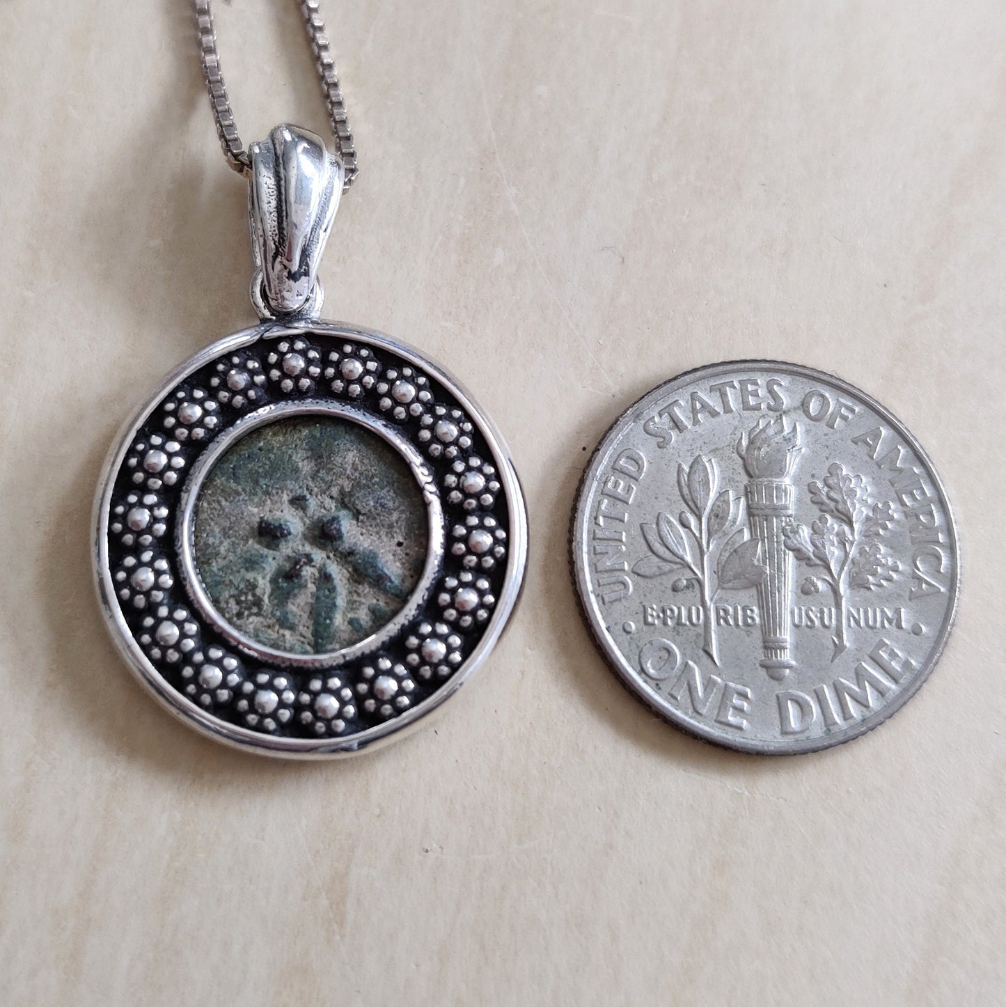 Certified Antique Widow's Mite Coin Christian Medallion, New Testament Christmas gift for her, nature flower jewelry