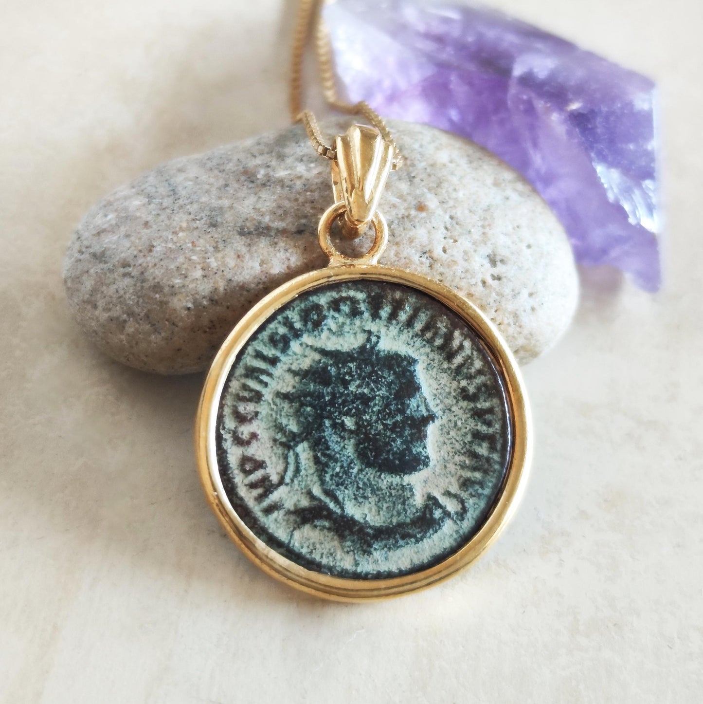 Certified Antique Roman Coin Necklace, Genuine Emperor Diocletian Gold Plated medallion, Women Unisex Ancient Coin Jewelry, vintage Necklace