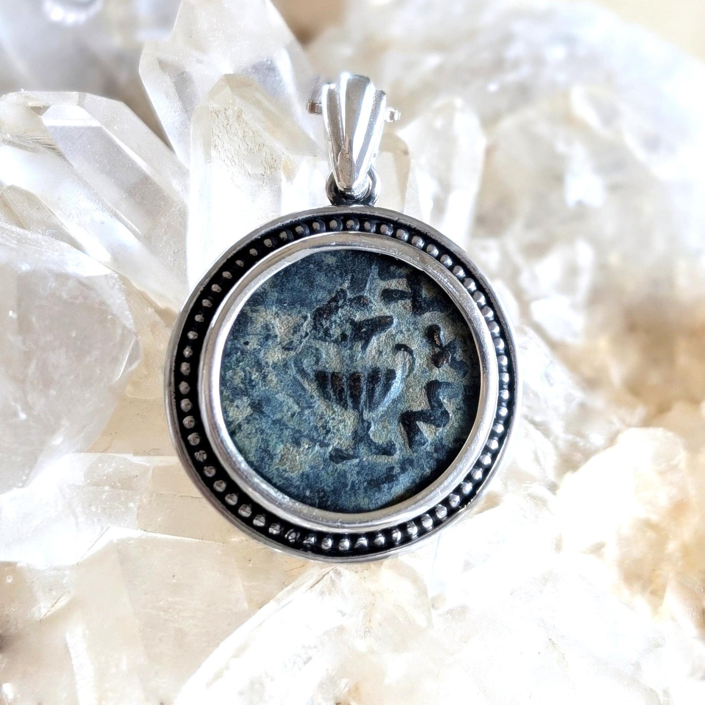 Antique Jewish Revolt Masada Coin Silver Necklace, Ancient Jerusalem Second Temple Bronze Prutah Pendant, Roman Amphora Grape Vine Medallion