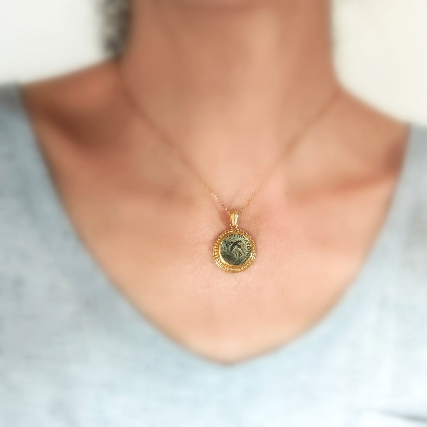 Authentic Roman coin gold plated necklace, Procurator Antonius Felix Emperor Claudius medallion, Antique Bronze Prutah, vintage men necklace