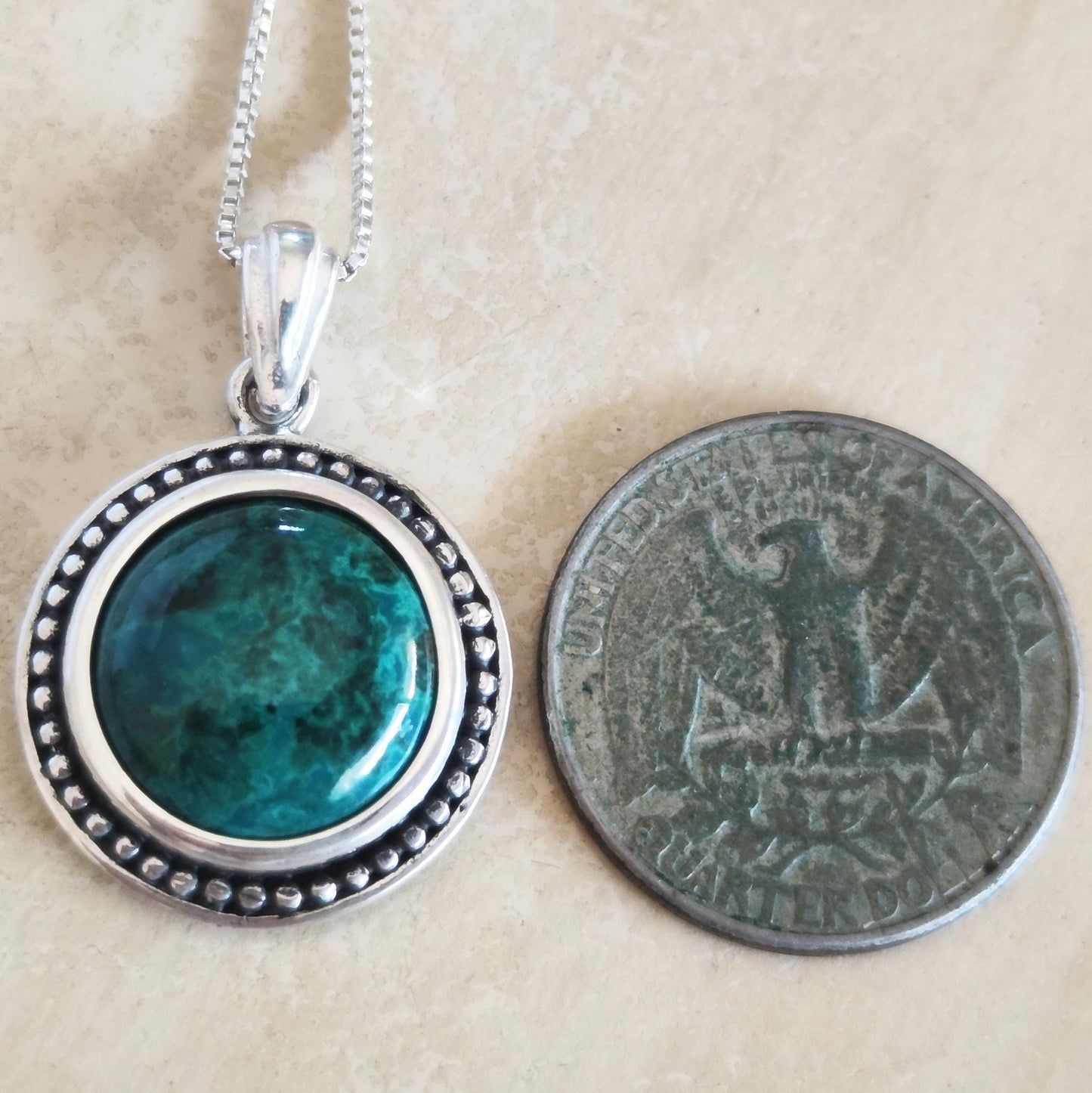 Multicolor Eilat Stone Silver Pendant, Turquoise Green gemstone jewelry, Round cabochon Blue necklace, Israeli jewelry, King Solomon Stone